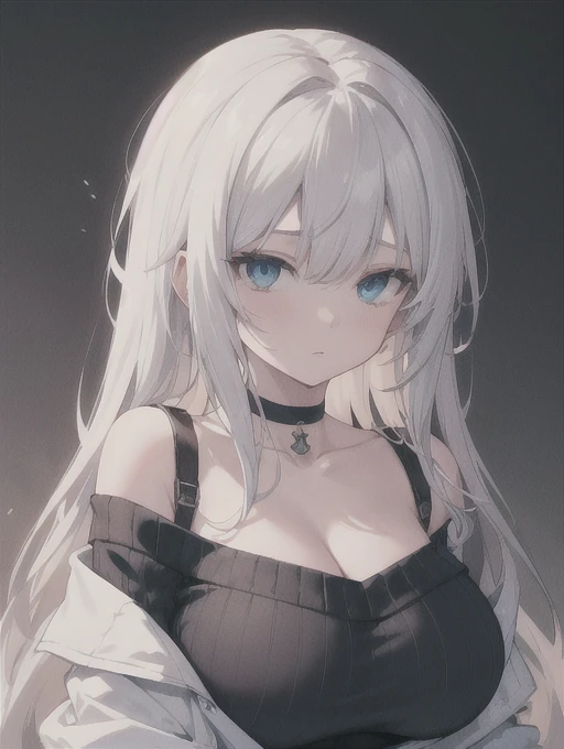 1girl, anime, cute girl, blank background, white background, fantasy, detailed dark fantasy dress with highlights, beautiful face, beautiful eyes, dark colors, silver hair, slightly small breasts, slight cleavage, beautiful skin, cute, breast curtains, extremely delicate and beautiful, (beautiful detailed face:1.0), (detailed deep eyes), symmetrical breasts, deep eyes, shiny skin, portrait, slender waist, hips wider than shoulders, thighs, young girl, expressionless