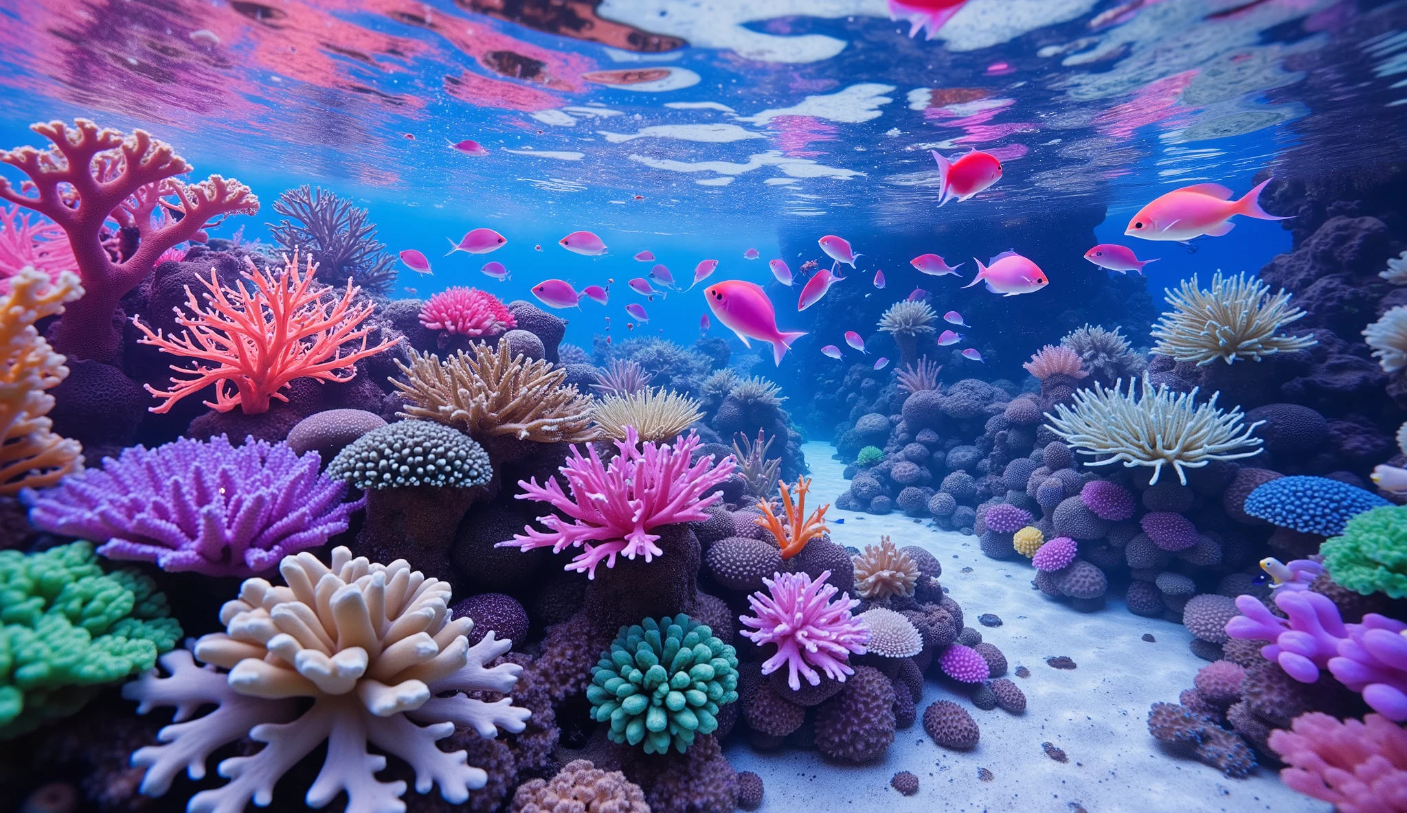 (In the water), Undersea heaven ,((very many fluorescent green giant table corals)),(( coral reefs with dense hard corals and soft corals )),Realistic Expression , shot with a fisheye lens ,(( Multiple Fluorescent Green Corals )), (( are filled with 10,000 natural coral groups with lots of extremely colorful colors)), (Lots of butterfish are swimming ),(( lots of green and blue soft corals that emit fluorescent colors )), crystal clear water, , strong sunshine ,Vast coral reefs ,Detailed seaweed ,( lots of colorful tropical fish), large blue tropical fish , myriad cobalt sparrows , seahorses, lots of psychedelic starfish on the seabed , life, lively colors, Serene atmosphere, Quiet, Swaying seaweed , array of vibrant colors ) , ( best quality , high resolution:1.2), (In the water photography), ( lively), ( soft diffused lighting ), Orchestra of Highly Coloured Corals, Vast Seas ,Coral Reef,