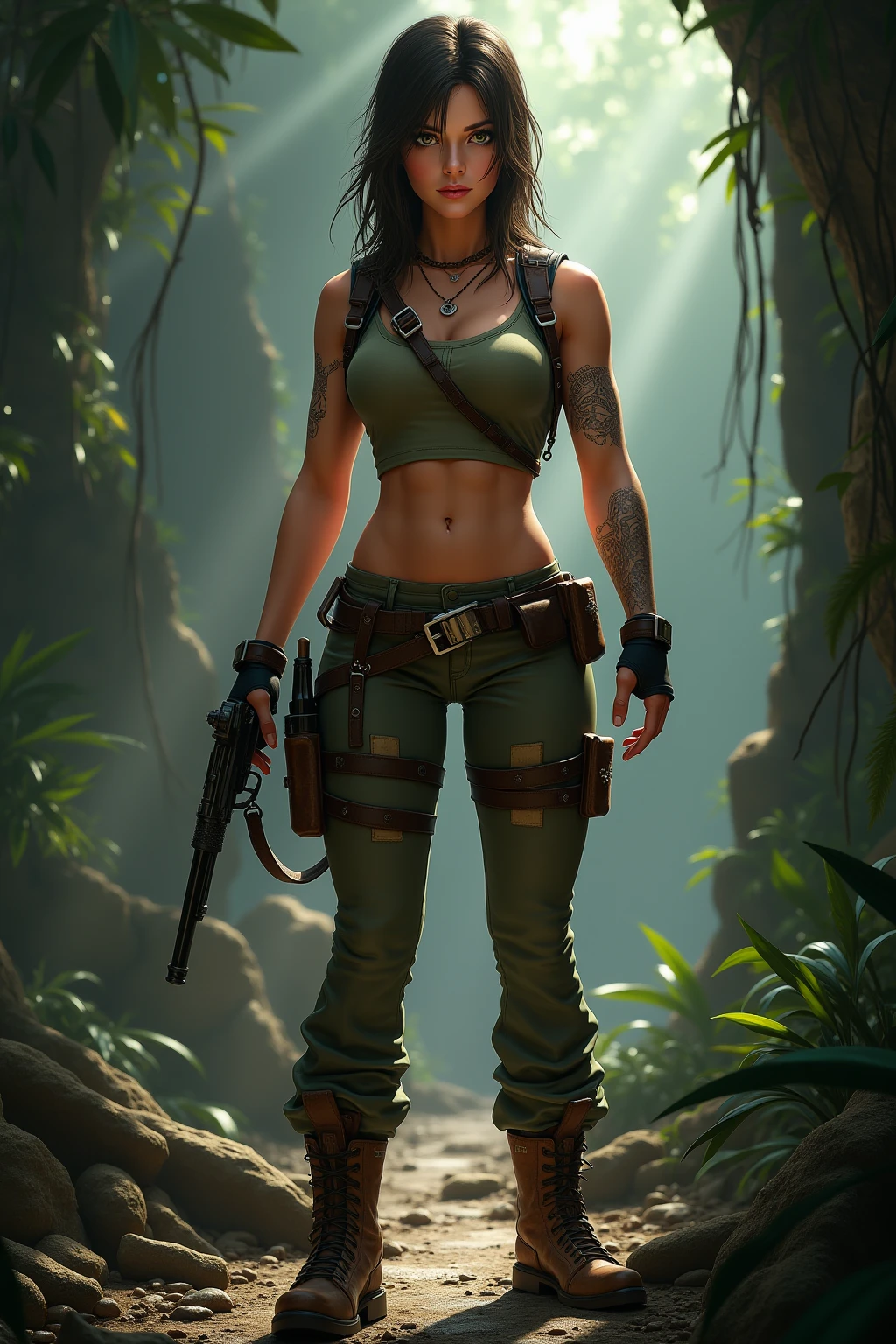 there is a drawing of a woman with a gun and a knife, portrait of lara croft, lara croft, lara croft medieval, tomb raider beautiful, tomb raider, female protagonist 👀 :8, tomb raider setting, female lead character, inspired by Ada Hill Walker, video game fanart, highly detailed exquisite fanart, inspired by Eva Frankfurther, Latino, Torn out clothes, carying bow on back, Standing near a jungle cave