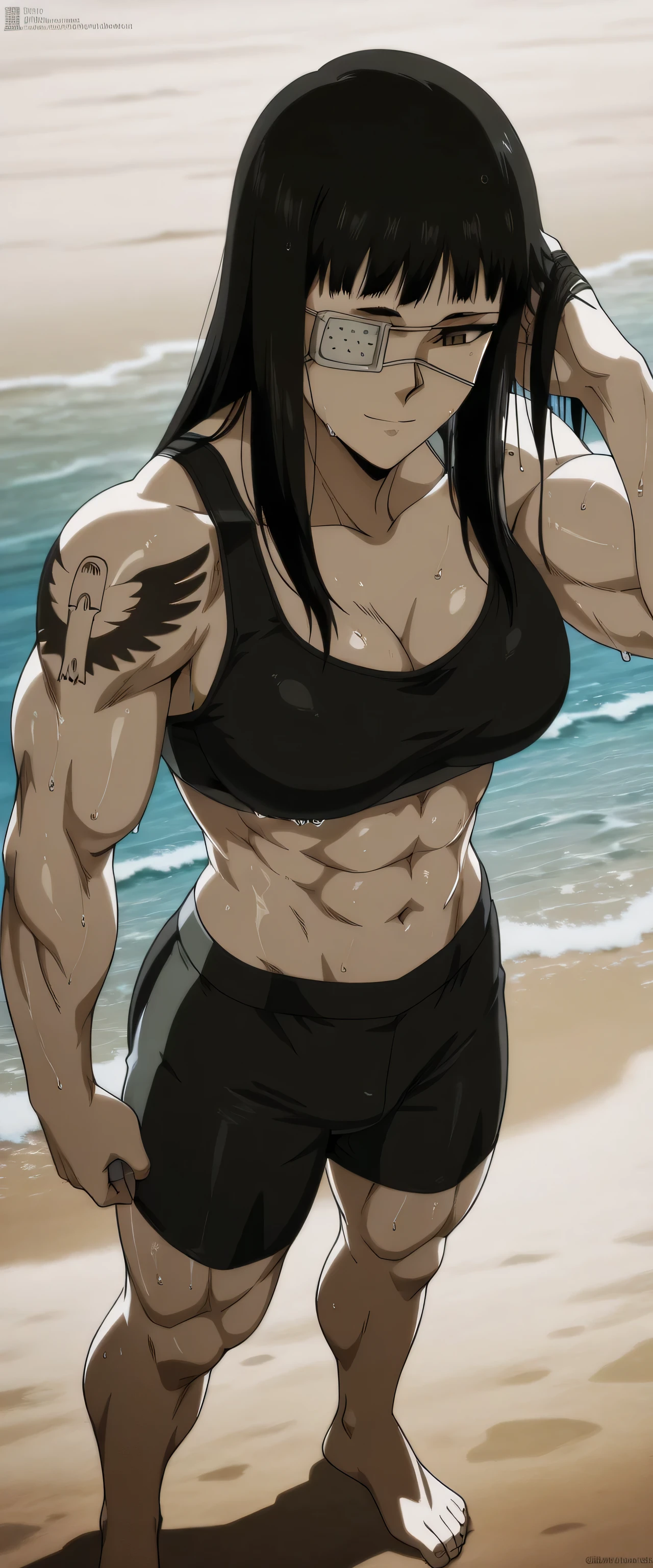 1girl,solo,mm,mature female,black hair,eyepatch,brown eyes,medium breasts,anime coloring,long hair,
muscular,black tight sport bra and black tight sport Elastic shorts,cowboy shot, hand in own hair, wet,beach, tattoo,
,masterpiece,best quality,amazing quality,,muscles and,muscles lines,muscles big size,pelvis muscles,strength muscles looking,dynamic air,Valmet handsome face,Shining abs and shoulders,eight-pack,iron muscles,Bulge between legs indicates erect penis in shorts,Barefoot, sporting attractiveness sexual attractiveness,standing,,sexual muscles,light smile,