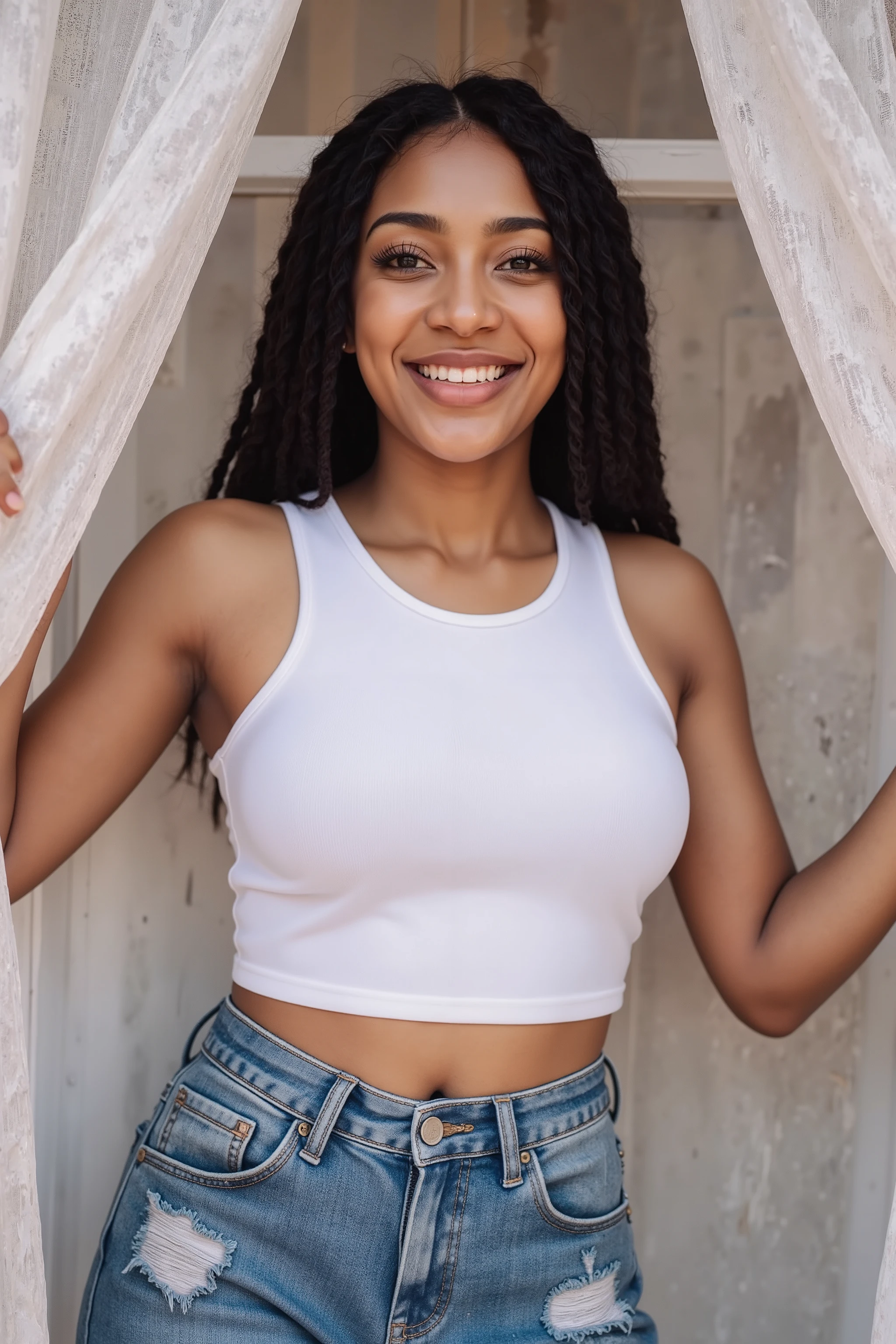 A Namibian beauty poses confidently, her dark dreadlocks cascading down her back. She wears a fitted white tank top, accentuating her petite frame, paired with high-waisted distressed denim jeans that hug her hips. Her small bust is framed by the fabric, drawing attention to her radiant smile.