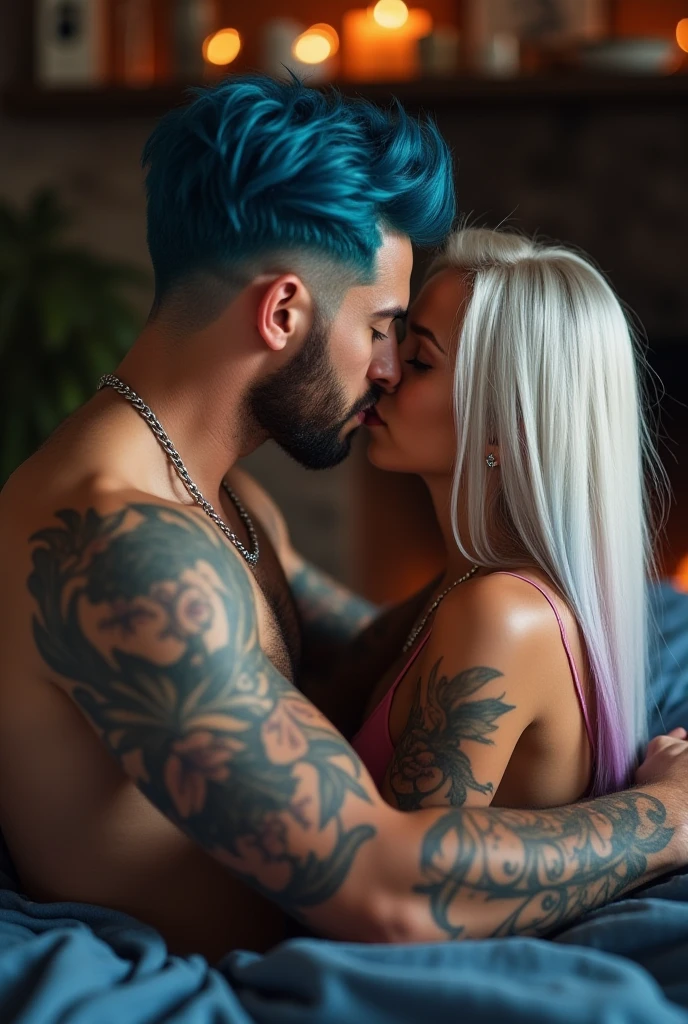 vivid, hd, zoomed out, a gorgeous smiling, Caucasian woman, long blonde hair with blue hair ends, blue eyes, beautiful makeup and contour, tattoos, seductively kissing on a bed, wearing lingere, kissing a handsome white man with jet black hair with skin fade, short black beard, tattoos, blue eyes, athletic build, muscles