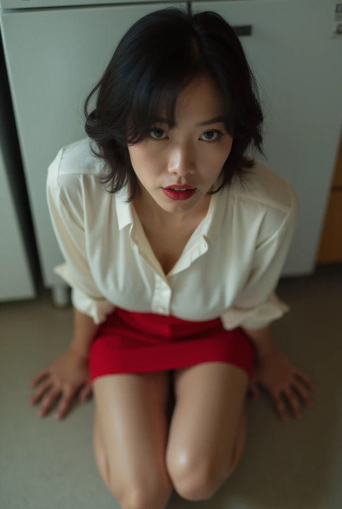 (masterpiece:1.2, Best Quality:1.2), 32K HDR, High resolution, (Solo, 1girl in), Ultra-realistic portrait of a sexy Japanese flight attendant, Super realistic Air Asia stewardess uniform, 23 y-o woman, (Blonde hair, Bob Shorthair, slanted eye), (red jacket with zipper removed:1.1, The upper part of the body , Nipples, Erotic pantyhose:1.2, Perfect slim body:1.1, Colossal tits:1.35, Huge boobs:1.35, Huge breasts:1.35, gigantic cleavage breasts:1.35), Detailed skin texture, Detailed face, Detailed eyes, ((sitting on toilet seat, In an abandoned hut, farms)), (Ahegao, Tongue out, Riding a:1.2, insert a dildo into her :1.2),