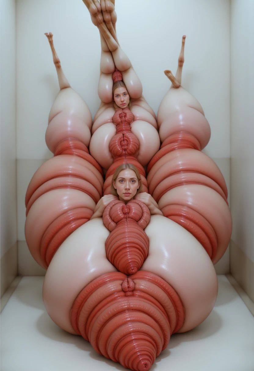 a hyper-realistic, hyper-surreal nonsense bizarre piece of meat suggesting a sensual woman with the body multiplied from the top to the bottom embrassing ten biological inflatable hyper-surreal multiple toys around her, background of luxurious apartment full of toys in a hyper-surreal ambiance of pleasure and pain