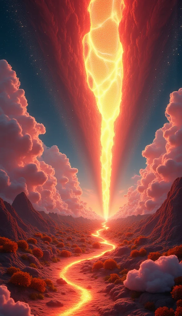A stunning 3D-rendered scene featuring a magical dreamland, ethereal trails across a vibrant, otherworldly night sky, a huge cracked in the sky with a contrast red, orange and yellow colour. The composition is hyper-detailed and visually striking, evoking a sense of awe and magic. The design is reminiscent of award-winning art, with exaggerated caricature elements adding charm and a "wow" factor to the breathtaking celestial landscape.