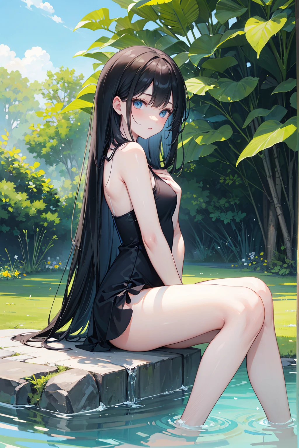 1girl,sundress,sweating,wet clothes,armpit,hat,flip hair,sitting,two legs,legs focus,