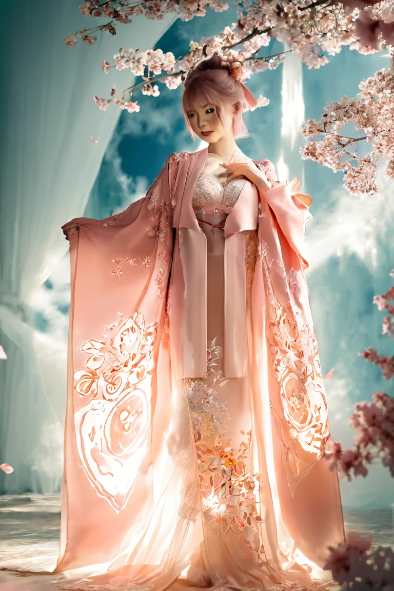 A silver-haired female anime character stands gracefully in a vibrant world, embodying the essence of compassion. She wears a flowing kimono adorned with delicate floral patterns, symbolizing the flower language of "joy." The background is a bold fusion of orange and pink hues, radiating warmth and brilliance. The scene merges the concept of wabi-sabi, blending fleeting beauty with imperfect elegance. Dynamic, rough sketch lines emphasize her gentle yet resilient presence. Petals swirl around her in the shimmering air, while the world glows with an intense, dazzling light—a perfect harmony of serenity and vibrant energy