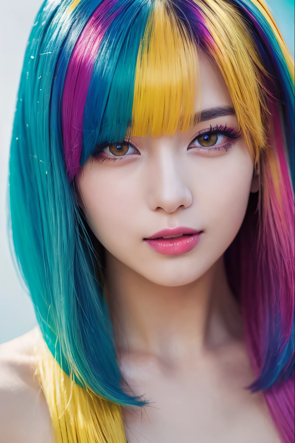 High Quality , realistic、 high resolution, realistic、8k、masterpiece, Details.Impressive、Alone、Cutting-edge female photography portraits、frog costume、Expression of happiness、The way you look at someone you love、Yellow、Cyan, and purple, (( her colorful hair is gathered in a high position、Various hair colors:1.4)) 、 Her bright makeup is really eye-catching