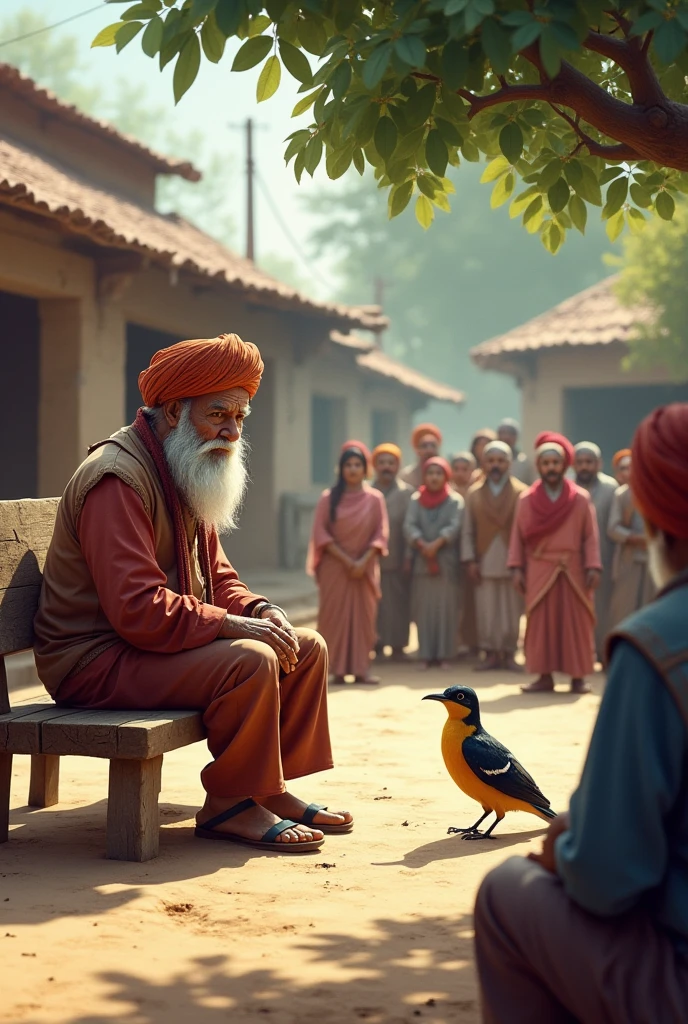 In the village square, Choudhary Sahib was sitting on his bench, with a few villagers gathered around him. My tanager got down tired and sat down next to Chaudhary Sahib, greeting everyone.