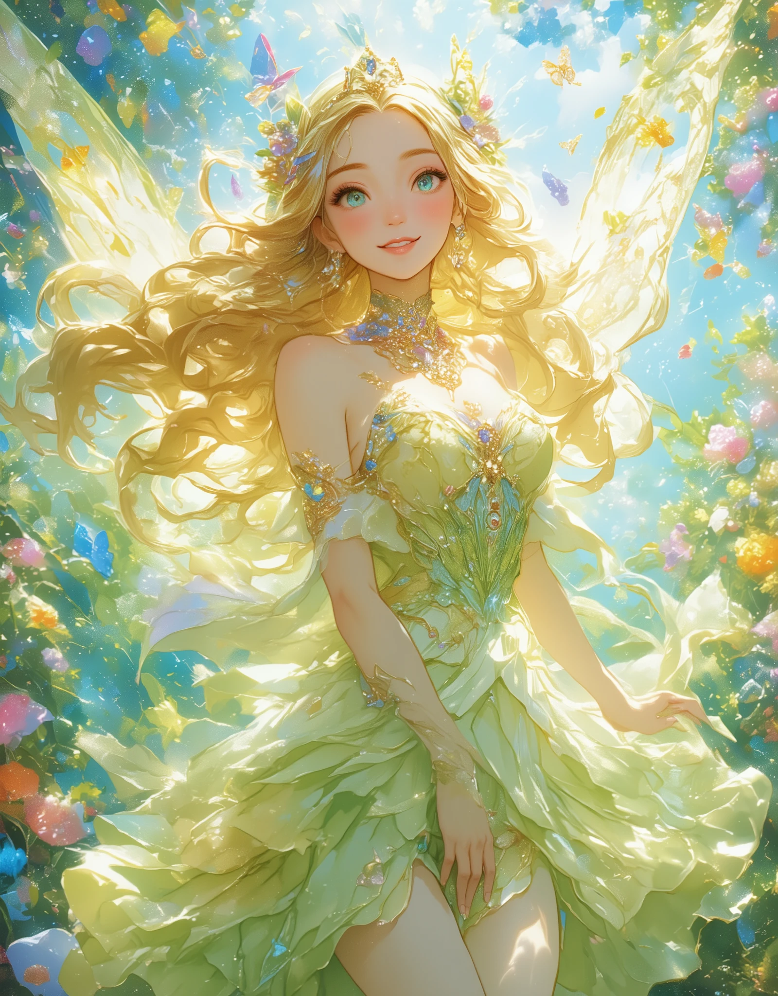 (Beautiful and detailed illustrations), (超 high resolution:1.5), (masterpiece), accurate, ((解剖学的に accurate人体:1.4)), more details, high detail, high resolution, Award-winning work ,32K, depth of field, digital camera, award-winning illustrations , Professional illustration work , (( A very beautiful and cute fairy princess like a French woman :1.5)), (( vivid, bright, beautiful, and delicate professional art illustrations )), (( best quality :1.5)), ((masterpiece:1.5)), (( realistic)), ( beautiful, vivid, and bright atmosphere ), ( A very beautiful and cute fairy princess like a Frenchman ), (((Full body shot from the top of the head to the feet :1.5))), (( A depiction that makes you feel the movement of dancing while spinning lightly and happily)), ((Long golden hair and clothes dancing big in the wind )), (( fairy princess in a fantasy world )), (( beautiful and beautiful, French style of a 15-year-old white man )), (( A very cute, ish look. )), ( beautiful and fluffy blonde long hair ), ((ルビーとダイヤが散りばめられた豪華な金のティアラと Lots of Colors とりどりの花で飾られた花の冠をかぶっている:1.5)), (You can see an enchanting large of the ), ((Quite large , F Cup)), (( Extremely detailed blue sparkling eyes :1.5)), (( beautiful catchlight on the eyes:1.4)), (( extremely and beautiful clear blue eyes :1.5)), (( Extremely detailed, long, beautiful eyelashes :1.5)), ((Extremely detailed and beautiful eyebrows :1.5)), (( Extremely detailed and charming moisturized lips :1.5)), (( beautiful white teeth lined up nicely )), ( A cute woman wearing a sparkling fairy style dress in a very bright pale green and very bright yellow color ), (( A fairy style dress with very bright pastel butterfly wings :1.5)), Lots of Colors 々 deep covering a crown of flowers , Long brown hair and clothes fluttering big in the wind , looking at me with a gentle and cute expression , (A cute smile that shows some teeth:1.5), Skin feels soft , Natural makeup with gentle hues , Clear and fresh atmosphere , Delicate embroidery The V-neck dress that was made has a gradation of bright pale green and bright yellow, and is beautiful as if it were receiving light , The hem of the dress is soft It has a wavy form and creates a light atmosphere , 背景はぼかしがあるアートな雰囲気の Lots of Colors とりどりの花が一面に咲いている鮮やかでとても美しい風景でとても柔らかな光が降り注いでいる, A dreamy image characterized by extremely vivid colors and delicate depictions , wearing a pale green and yellow fairy style dress Women , Beautiful footage from the movie , (( Very beautiful butterflies in many sparkling light blue, pink, and yellow pastel colors flying all around )), ( A beautiful depiction that makes you feel happy dancing while spinning in the wind ), ( show your hands as little as possible ), accurate手の形, accurate指の形, accurate指の数,5 fingers on one hand
