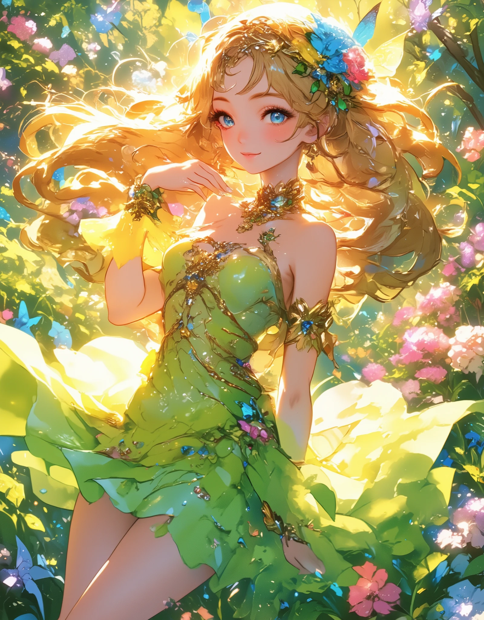 (Beautiful and detailed illustrations), (超 high resolution:1.5), (masterpiece), accurate, ((解剖学的に accurate人体:1.4)), more details, high detail, high resolution, Award-winning work ,32K, depth of field, digital camera, award-winning illustrations , Professional illustration work , (( A very beautiful and cute fairy princess like a French woman :1.5)), (( vivid, bright, beautiful, and delicate professional art illustrations )), (( best quality :1.5)), ((masterpiece:1.5)), (( realistic)), ( beautiful, vivid, and bright atmosphere ), ( A very beautiful and cute fairy princess like a Frenchman ), (((Full body shot from the top of the head to the feet :1.5))), (( A depiction that makes you feel the movement of dancing while spinning lightly and happily)), ((Long golden hair and clothes dancing big in the wind )), (( fairy princess in a fantasy world )), (( beautiful and beautiful, French style of a 15-year-old white man )), (( A very cute, ish look. )), ( beautiful and fluffy blonde long hair ), ((ルビーとダイヤが散りばめられた豪華な金のティアラと Lots of Colors とりどりの花で飾られた花の冠をかぶっている:1.5)), (You can see an enchanting large cleavage of the bust ), ((Quite large bust, F Cup)), (( Extremely detailed blue sparkling eyes :1.5)), (( beautiful catchlight on the eyes:1.4)), (( extremely sexy and beautiful clear blue eyes :1.5)), (( Extremely detailed, long, beautiful eyelashes :1.5)), ((Extremely detailed and beautiful eyebrows :1.5)), (( Extremely detailed and charming moisturized lips :1.5)), (( beautiful white teeth lined up nicely )), ( A cute woman wearing a sparkling fairy style dress in a very bright pale green and very bright yellow color ), (( A fairy style dress with very bright pastel butterfly wings :1.5)), Lots of Colors 々 deep covering a crown of flowers , Long brown hair and clothes fluttering big in the wind , looking at me with a gentle and cute expression , (A cute smile that shows some teeth:1.5), Skin feels soft , Natural makeup with gentle hues , Clear and fresh atmosphere , Delicate embroidery The V-neck dress that was made has a gradation of bright pale green and bright yellow, and is beautiful as if it were receiving light , The hem of the dress is soft It has a wavy form and creates a light atmosphere , 背景はぼかしがあるアートな雰囲気の Lots of Colors とりどりの花が一面に咲いている鮮やかでとても美しい風景でとても柔らかな光が降り注いでいる, A dreamy image characterized by extremely vivid colors and delicate depictions , wearing a pale green and yellow fairy style dress Women , Beautiful footage from the movie , (( Very beautiful butterflies in many sparkling light blue, pink, and yellow pastel colors flying all around )), ( A beautiful depiction that makes you feel happy dancing while spinning in the wind ), ( show your hands as little as possible ), accurate手の形, accurate指の形, accurate指の数,5 fingers on one hand
