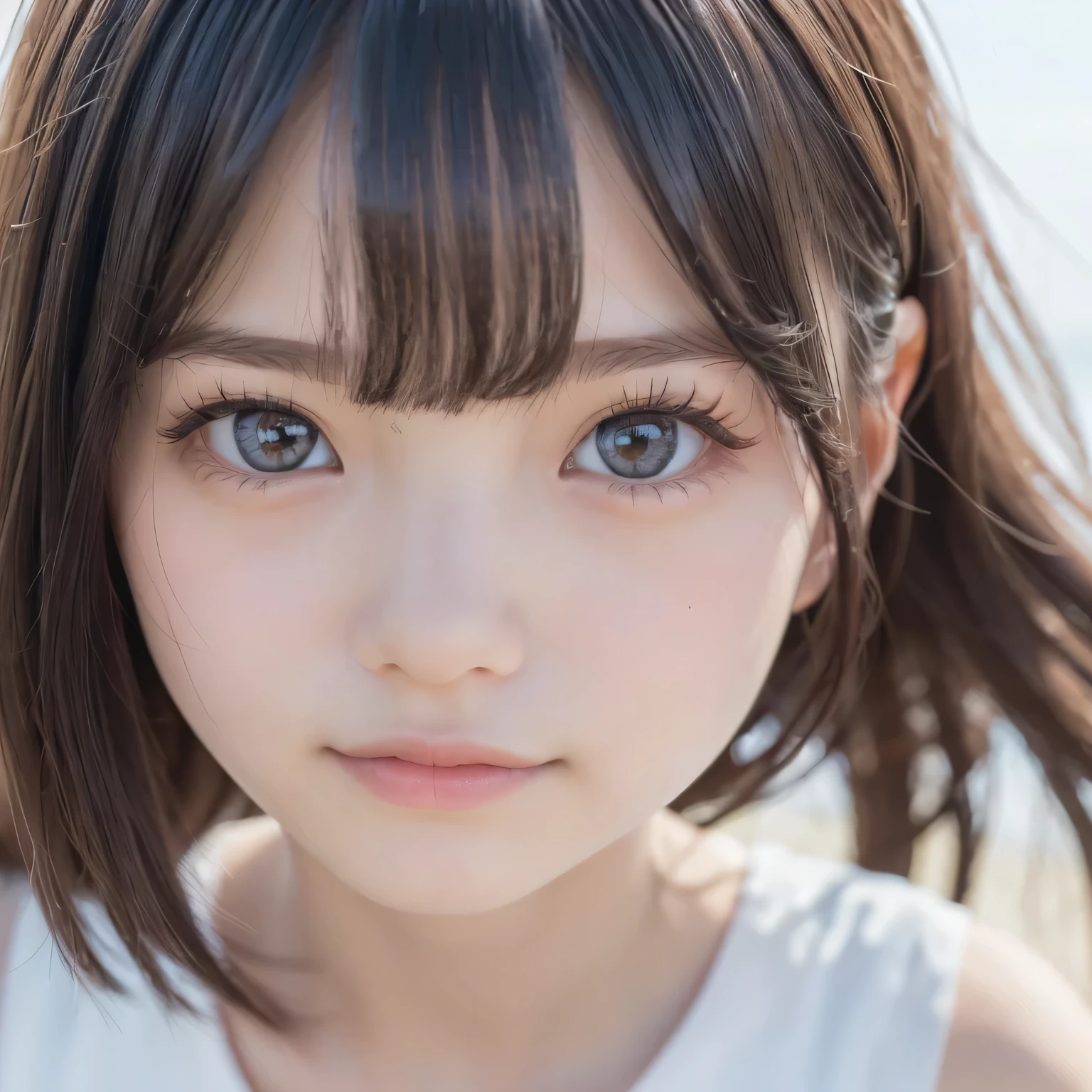 ((Live 2D)) Masterpiece, one girl ,Young face 、(((10age))), full body gentle face 、 Happy Faces ,((( heavy makeup))),((( long lashes))),(((Thick mascara))) ,(((Round face))),((( round eyes))),((( big eyes))), standing straight , , cute japanese high school uniform, viewers, detailed face , girl with green 、(((Straight hair down to the shoulders))), ((( princess cut))), , gradient hair, multi-colored hair , small smile , , Gradient Eyes , ((( dark brown eyes))) , ( simple background, white background : 1.3)、((( upper body photo))),((( small smile )))、((( face swells))),(((Round face))),((( the wind is blowing ))),((( Face Closeup )))