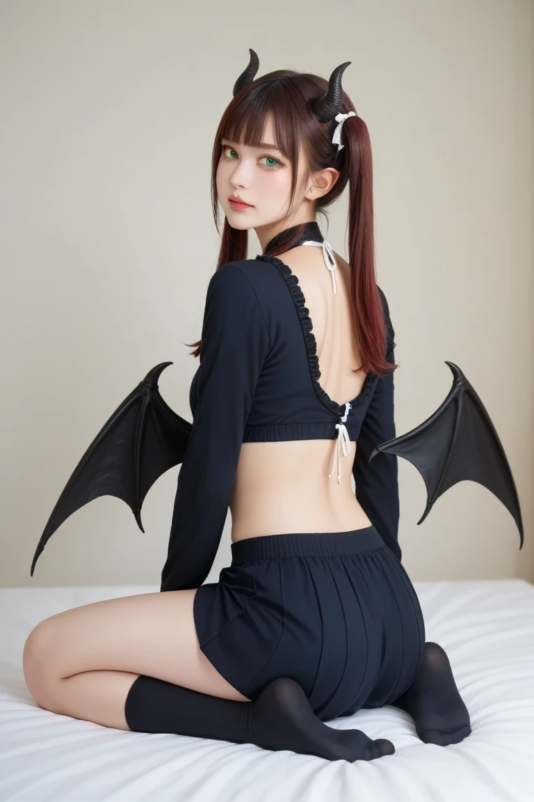 1girl, 1boy, horns, , pointy ears, wings, earrings, serafuku, jewelry, white background, upper body, red eyes, demon wings, demon horns, demon boy, simple background, back-to-back, pink eyes, parted lips, black serafuku, brown hair, demon girl, black hair, looking at viewer, long hair, gakuran