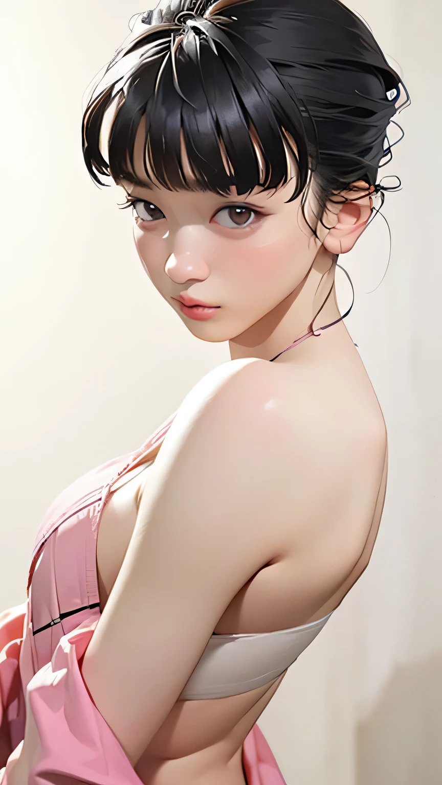 Thin-strap camisole, hot pants, pink thin clothes, slimming look, short curly black hair, detailed eyes, detailed face, detailed skin, sidelong glance, narrow eyes, gentle expression, casual background, mole under eye,
