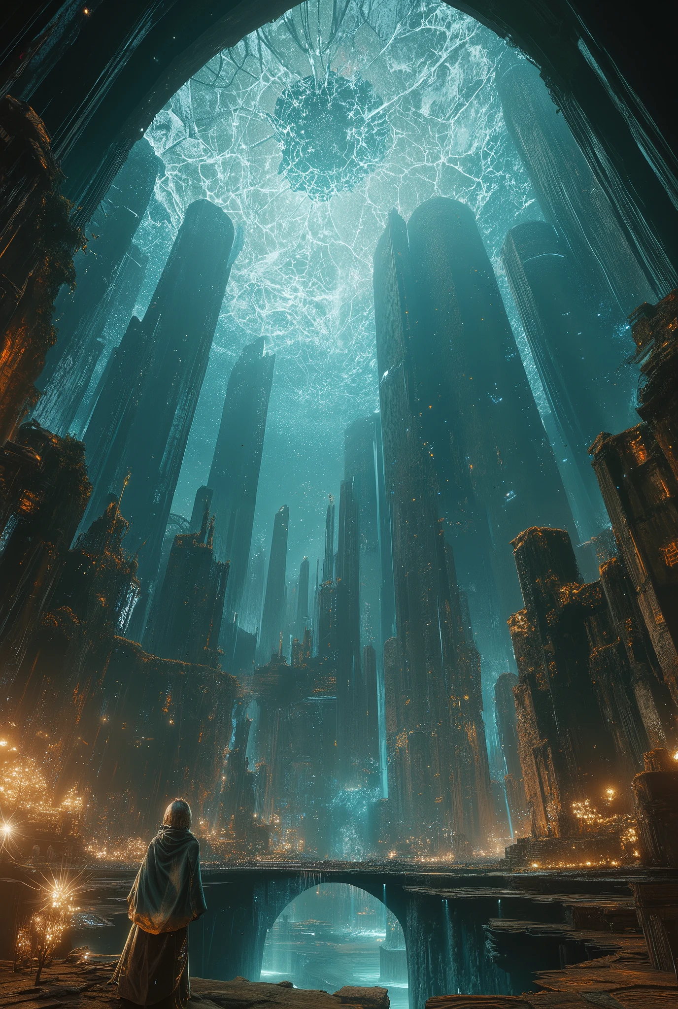 , (8k, top quality, Masterpiece , Final Fantasy Style: 1.2), ( realistic , photo realistic : 1.37), super detailed, ,Dreamy,A surreal mixed fantasy world,Combination of realistic and fantastical elements , magical effects , Sky, universe, Spaces Covered with Clear Ceilings , ひび割れたSky, Maze , 魔女の魔法でガラスのSkyが割れる