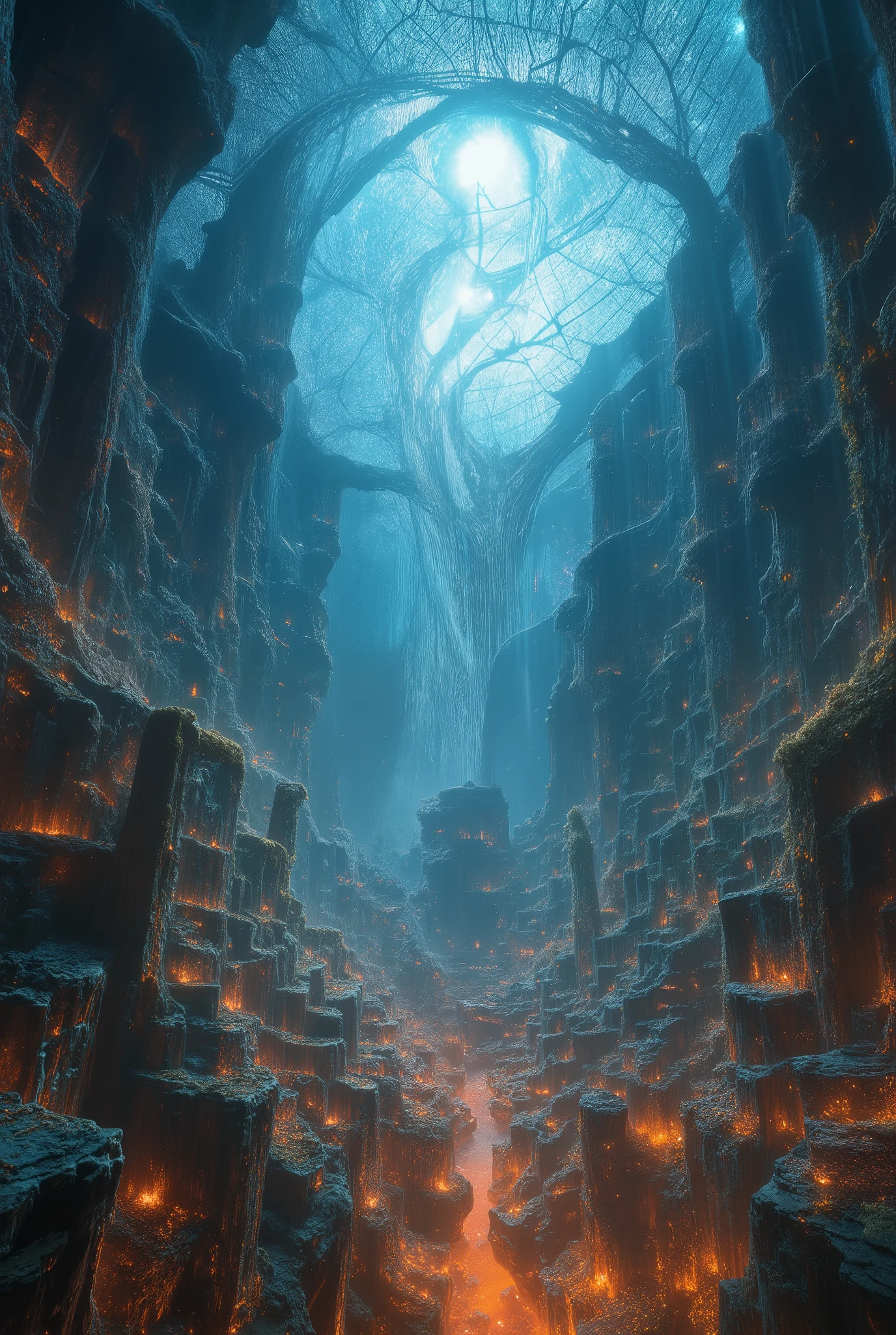 , (8k, top quality, Masterpiece , Final Fantasy Style: 1.2), ( realistic , photo realistic : 1.37), super detailed, ,Dreamy,A surreal mixed fantasy world,Combination of realistic and fantastical elements , magical effects , Sky, universe, Spaces Covered with Clear Ceilings , ひび割れたSky, Maze , 魔女の魔法でガラスのSkyが割れる