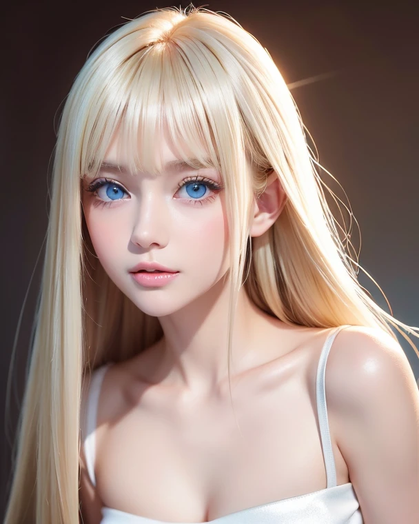 standing, 1girl, teenage, nude, pale skin, shiny emerald green eyes, cute, , skinny, flat chest, from front, blonde straight hair, bangs, tsurime, eyeball, glowing eyes, scowl, Hyperrealism, Realism, cinematic lighting, UHD, masterpiece, accurate, textured skin, anatomically correct, super detail, high details, high quality, highres, best quality, 16k