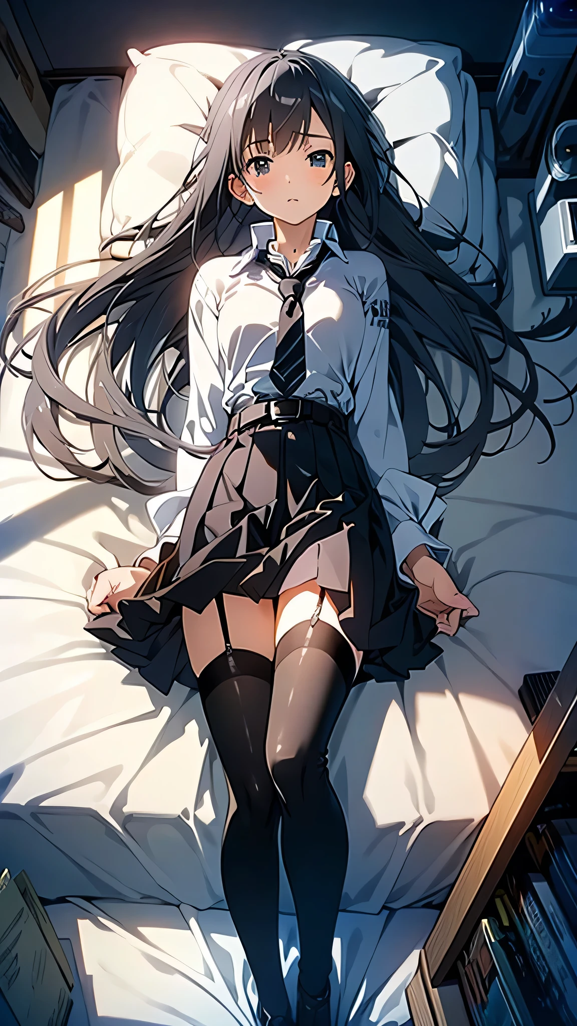 highest grade、​masterpiece、HDTV、（full bodyesbian）、frontage、bilaterally symmetrical、Mature tall high school girl、独奏、(頭からつま先までのfull bodyesbian姿)、small tits、Longhaire、slightly disheveled hair 、(Black tights)、(black pantyhose)、Black pantyhose、Composition showing white panties、Slender and long beautiful legs、Composition from above the white bed、Composition of sleeping with legs stretched out、A very beautiful and tall 17 year old girl、(feet without shoes)、blushing、shy big eyes、 (bangss)、Unkempt hair、(hair clips)、Looking at the camera、Show white pants、White ruffled lingerie、High School Uniform Blazer、high school uniform white blouse、Blue ribbon on high school uniform、 High school uniform with short plaid pattern and navy pleated skirt