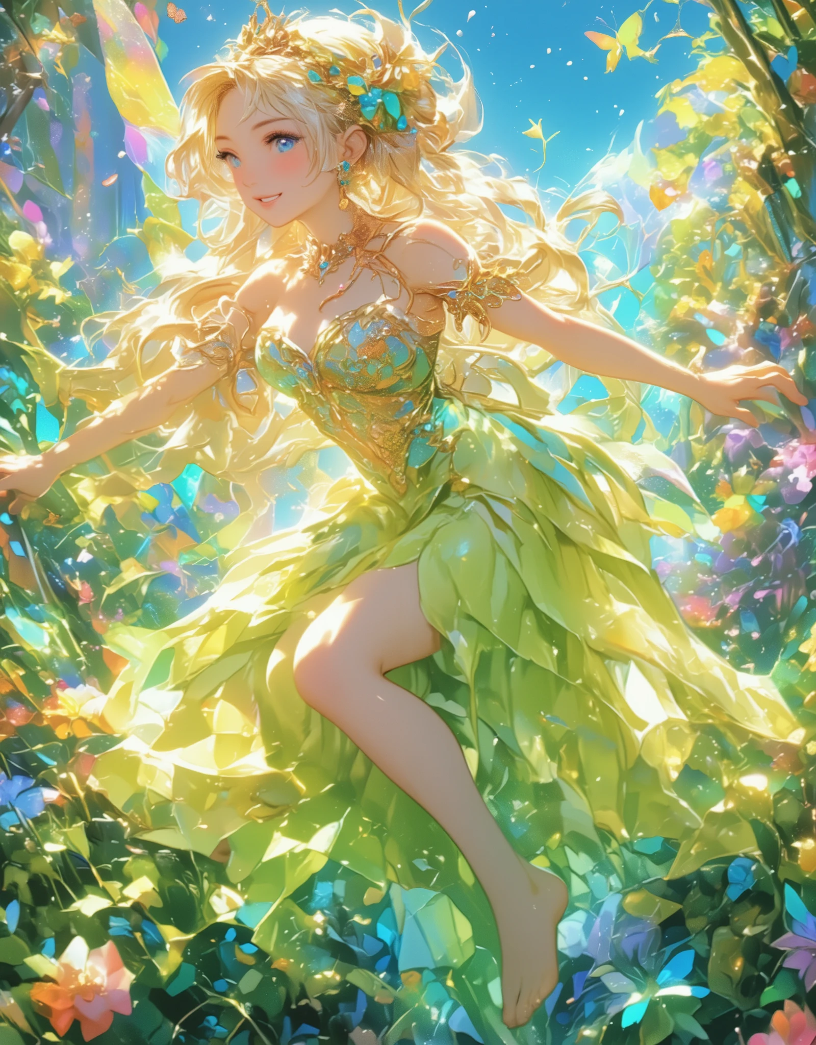 (Beautiful and detailed illustrations), (超 high resolution:1.5), (masterpiece), accurate, ((解剖学的に accurate人体:1.4)), more details, high detail, high resolution, Award-winning work ,32K, depth of field, digital camera, award-winning illustrations , Professional illustration work , (( A very beautiful and cute fairy princess like a French woman :1.5)), (( vivid, bright, beautiful, and delicate professional art illustrations )), (( best quality :1.5)), ((masterpiece:1.5)), (( realistic)), ( beautiful, vivid, and bright atmosphere ), ( A very beautiful and cute fairy princess like a Frenchman ), (((Full body shot from the top of the head to the feet :1.5))), (( A depiction that makes you feel the movement of dancing while spinning lightly and happily)), ((Long golden hair and clothes dancing big in the wind )), (( fairy princess in a fantasy world )), (( beautiful and beautiful, French style of a -yeld wh man )), (( A very cute, ish look. )), ( beautiful and fluffy blonde long hair ), ((ルビーとダイヤが散りばめられた豪華な金のティアラと Lots of Colors とりどりの花で飾られた花の冠をかぶっている:1.5)), (You can see an enchanting large cleavage of the bust ), ((Quite large bust, F Cup)), (( Extremely detailed blue sparkling eyes :1.5)), (( beautiful catchlight on the eyes:1.4)), (( extremely sexy and beautiful clear blue eyes :1.5)), (( Extremely detailed, long, beautiful eyelashes :1.5)), ((Extremely detailed and beautiful eyebrows :1.5)), (( Extremely detailed and charming moisturized lips :1.5)), (( beautiful white teeth lined up nicely )), ( A cute woman wearing a sparkling fairy style dress in a very bright pale green and very bright yellow color ), (( A fairy style dress with very bright pastel butterfly wings :1.5)), Lots of Colors 々 deep covering a crown of flowers , Long brown hair and clothes fluttering big in the wind , looking at me with a gentle and cute expression , (A cute smile that shows some teeth:1.5), Skin feels soft , Natural makeup with gentle hues , Clear and fresh atmosphere , Delicate embroidery The V-neck dress that was made has a gradation of bright pale green and bright yellow, and is beautiful as if it were receiving light , The hem of the dress is soft It has a wavy form and creates a light atmosphere , 背景はぼかしがあるアートな雰囲気の Lots of Colors とりどりの花が一面に咲いている鮮やかでとても美しい風景でとても柔らかな光が降り注いでいる, A dreamy image characterized by extremely vivid colors and delicate depictions , wearing a pale green and yellow fairy style dress Women , Beautiful footage from the movie , (( Very beautiful butterflies in many sparkling light blue, pink, and yellow pastel colors flying all around )), ( A beautiful depiction that makes you feel happy dancing while spinning in the wind ), ( show your hands as little as possible ), accurate手の形, accurate指の形, accurate指の数,5 fingers on one hand