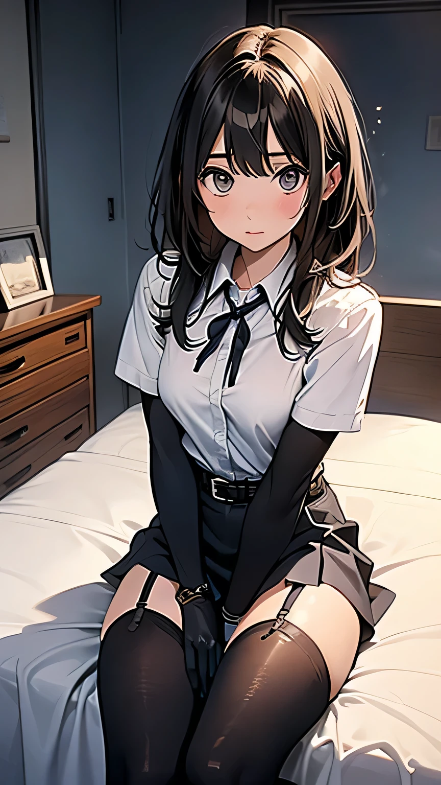 score_9, score_8_up, score_7_up, score_6_up, score_5_up, score_4_up, source_anime, 1girl, sit, smile, black hair, ponytail, yellow eyes, w-w-chain, cuffs, arms, clean hair, brown shirt, plaid skirt, black stockings, room, bed, best quality, best res, 4K UHD,