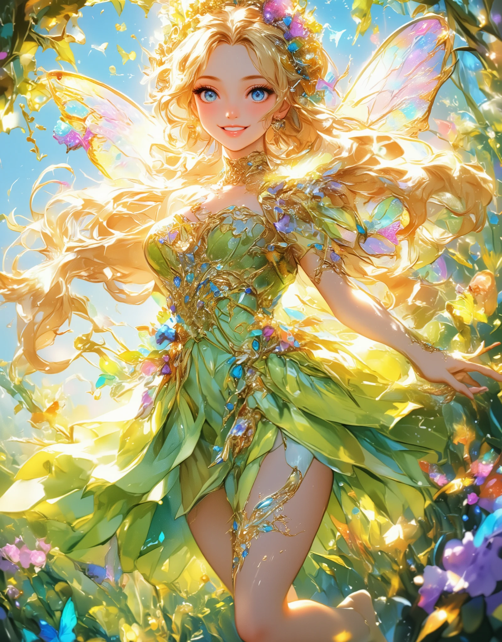 (Beautiful and detailed illustrations), (超 high resolution:1.5), (masterpiece), accurate, ((解剖学的に accurate人体:1.4)), more details, high detail, high resolution, Award-winning work ,32K, depth of field, digital camera, award-winning illustrations , Professional illustration work , (( A very beautiful and cute fairy princess like a French woman :1.5)), (( vivid, bright, beautiful, and delicate professional art illustrations )), (( best quality :1.5)), ((masterpiece:1.5)), (( realistic)), ( beautiful, vivid, and bright atmosphere ), ( A very beautiful and cute fairy princess like a Frenchman ), (((Full body shot from the top of the head to the feet :1.5))), (( A depiction that makes you feel the movement of dancing while spinning lightly and happily)), ((Long golden hair and clothes dancing big in the wind )), (( fairy princess in a fantasy world )), (( beautiful and beautiful, French style of a -yeld wh man )), (( A very cute, ish look. )), ( beautiful and fluffy blonde long hair ), ((ルビーとダイヤが散りばめられた豪華な金のティアラと Lots of Colors とりどりの花で飾られた花の冠をかぶっている:1.5)), (You can see an enchanting large cleavage of the bust ), ((Quite large bust, F Cup)), (( Extremely detailed blue sparkling eyes :1.5)), (( beautiful catchlight on the eyes:1.4)), (( extremely sexy and beautiful clear blue eyes :1.5)), (( Extremely detailed, long, beautiful eyelashes :1.5)), ((Extremely detailed and beautiful eyebrows :1.5)), (( Extremely detailed and charming moisturized lips :1.5)), (( beautiful white teeth lined up nicely )), ( A cute woman wearing a sparkling fairy style dress in a very bright pale green and very bright yellow color ), (( A fairy style dress with very bright pastel butterfly wings :1.5)), Lots of Colors 々 deep covering a crown of flowers , Long brown hair and clothes fluttering big in the wind , looking at me with a gentle and cute expression , (A cute smile that shows some teeth:1.5), Skin feels soft , Natural makeup with gentle hues , Clear and fresh atmosphere , Delicate embroidery The V-neck dress that was made has a gradation of bright pale green and bright yellow, and is beautiful as if it were receiving light , The hem of the dress is soft It has a wavy form and creates a light atmosphere , 背景はぼかしがあるアートな雰囲気の Lots of Colors とりどりの花が一面に咲いている鮮やかでとても美しい風景でとても柔らかな光が降り注いでいる, A dreamy image characterized by extremely vivid colors and delicate depictions , wearing a pale green and yellow fairy style dress Women , Beautiful footage from the movie , (( Very beautiful butterflies in many sparkling light blue, pink, and yellow pastel colors flying all around )), ( A beautiful depiction that makes you feel happy dancing while spinning in the wind ), ( show your hands as little as possible ), accurate手の形, accurate指の形, accurate指の数,5 fingers on one hand