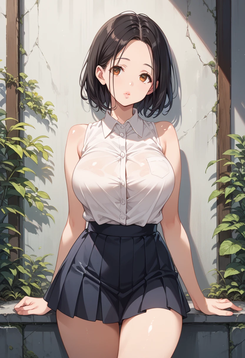 18 year old girl。The body is curvaceous、have huge breasts、Smiling, with clear eyes and an open mouth。She has short black hair and bright black eyes.、Wearing a summer shirt。A skirt fluttering in the wind。