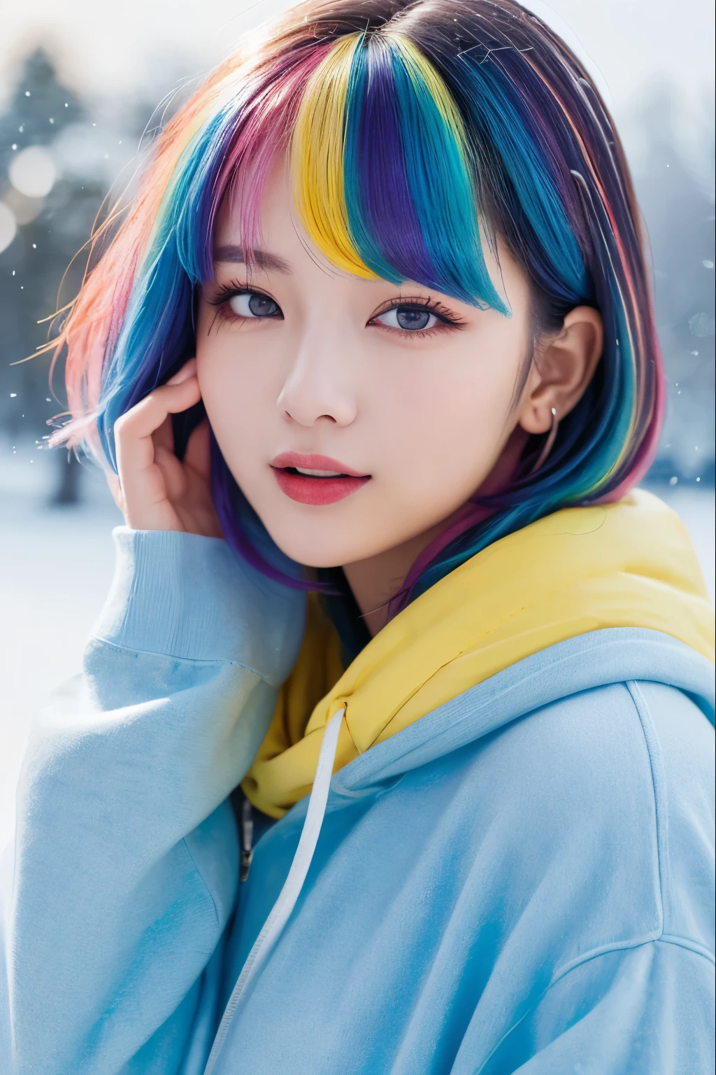 (16 K, Raw photo, Best Quality, hight resolution, absurderes), high-definition RAW color photography, professional photograpy, Papercut, (layered silhouettes:1.2), Complex pattern, delicate craftsmanship, shadow play, depth and dimension, Creative expression, (Realistic, Photorealsitic:1.37), (1 girl, japanaese girl), Toned, Cinematic Light, bloom, blazing, (finerly detailed face:1.2), (masterpiece:1.5), ((Best Quality, 8K, masterpiece: 1.3)), sharp: 1.2, Perfect Body Beauty: 1.4, Slender Abs: 1.2, ((Layered hairstyle, huge-breasted: 1.2)), 
BREAK
(((Colorful Fashion rainbow T-shirt：1.9)，(Colorful hair: 1.8), (all the colors of the rainbow: 1.8))), (((((vertical painting：1.6))),（painting：1.6），front, illustrations, paintings, large eyes, crystal clear eyes,（rainbow color gradient high ponytail：1.7）, exquisite makeup, closed mouth,(Small Fresh: 1.5),(Wipe Chest: 1.6) ，long eyelashes, white off shoulder T-shirt,  White Shoulder Shirt，looking at the audience, large watery eyes, (rainbow colored hair：1.6), color splash, （solo：1.8）, color splash, color explosion, thick paint style, messy lines, ((shining))，(colorful), (colorful), (colorful), colorful, Thick Paint Style, (Splash) (Color Splash), Vertical Painting, Upper Body, Paint Splash, Acrylic Pigment, Gradient, Paint, Highest Image Quality, Highest Quality, Masterpiece, Solo, Depth of Field, Face Paint,  colorful clothes, (Elegant: 1.2), gorgeous,long hair, wind, (Elegant: 1.3), (Petals: 1.4)，(((masterpiece))),(((best quality))),((ultra-detailed)),(illustration),(dynamic angle),((floating)),(paint),((disheveled hair)),(solo),(1girl) , (((detailed anima face))),((beautiful detailed face)),collar,bare shoulders,white hair, ((colorful hair)),((streaked hair)),beautiful detailed eyes,(Gradient color eyes),(((colorful eyes))),(((colorful background))),(((high saturation))),(((surrounded by colorful splashes)))
BREAK
Use a Sony Alpha 1 Mirrorless Camera with a Sony FE 24-105mm f/4 G OSS lens.