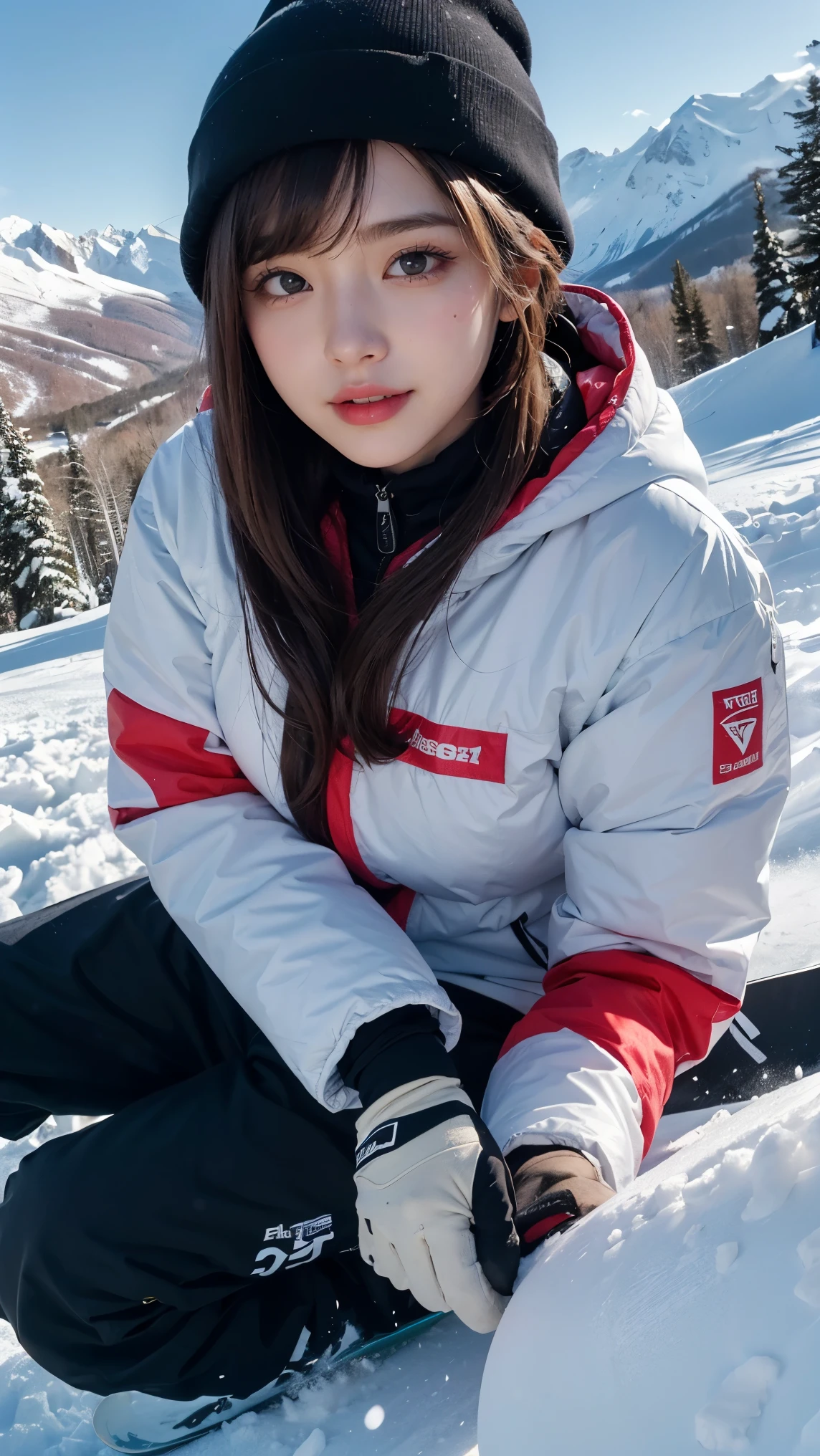 ai_kase, (Famous ski slopes in the snowy mountains:1.3), (She is a snowboarder who glides down the slopes with style.:1.3), (She is wearing White-based hooded ski-wear with red stripes), (A beautiful Japanese girl:1.3), (masterpiece:1.3), masterworks, authentic texture, perfect work, Highly detailed CG Unity 16k wallpaper, high resolution, super high quality, ((artists work)), (photorealism:1.2), Very fine details, elegant, Soft natural light, exquisite features, (She is Japanese idol), beautiful face, attractive, beautiful hair, (Medium hair:1.3), (swept bang:1.1), (Ultra-high resolution eye:1.1), light makeup, red lips, Plump lips shiny skin, smooth skin, (well-shaped breasts),BREAK,(She is wearing snowboard wear:1.3),BREAK, (snowboard wear-pants:1.3), break,(snowboard:1.2), (ski goggles), (move:1.3), snow mountain, (Upper-body shot:1.1), (gentle smile like a goddess), (Charming smile:1.1), (lovely smile), break, ((Perfectly shaped fingers with precise contours)), raw footage, (shoot from front), (Standing position:1.3),(close-up:1.1),((Enjoys snowboarding:1.1)),((Snowboarding down the slopes)),(Lying on the snow:1.3),(POV from below),(Speeding down the slopes in style)