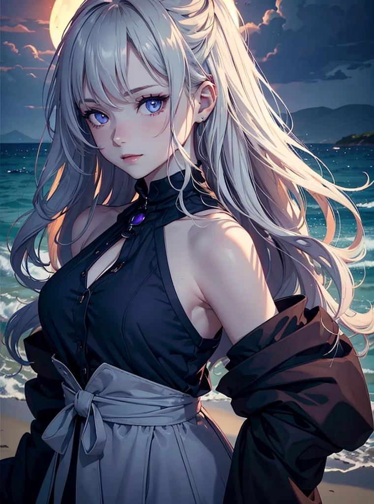 ((DARK FANTASY COLORING, DARK COLOR PALETTE, SORROW LIGHTING))
((masterpiece, best quality, uhd, detailed, detailed eyes, retina)), (1girl, anime girl in the beach, sea, at night, moonlight, moon),(mature), (solo), (female focus, purple eyes girl, smile), (blonde hair, wavy hair, long hair),[[PURPLE EYES]], ((black tank top, divine looks)), pale skin, close up, upper body.
