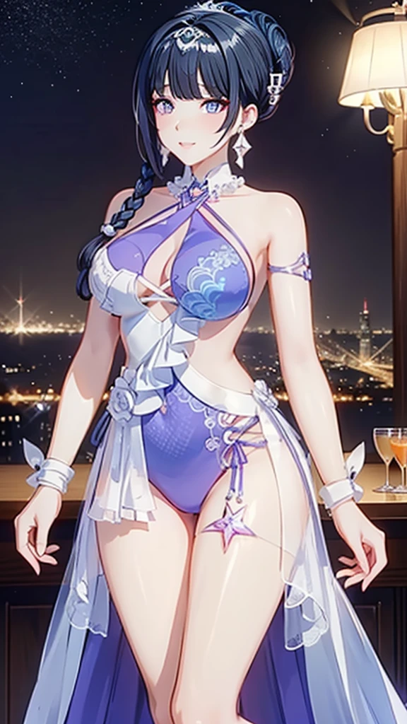 tmasterpiece,Best quality,extremely detaild CG unified 8k wallpapers, tmasterpiece, Best quality, CG, optics ,Raiden Mei (((Honkai Impact 3rd))),detail processing,((Purple pupil)),headgear, Purple long straight hair,((,MILF,A mature woman)),Huge breast,Intimacies,eventide,Clear face,face expressionless,bangle,((dancer/transparent sarong)), 