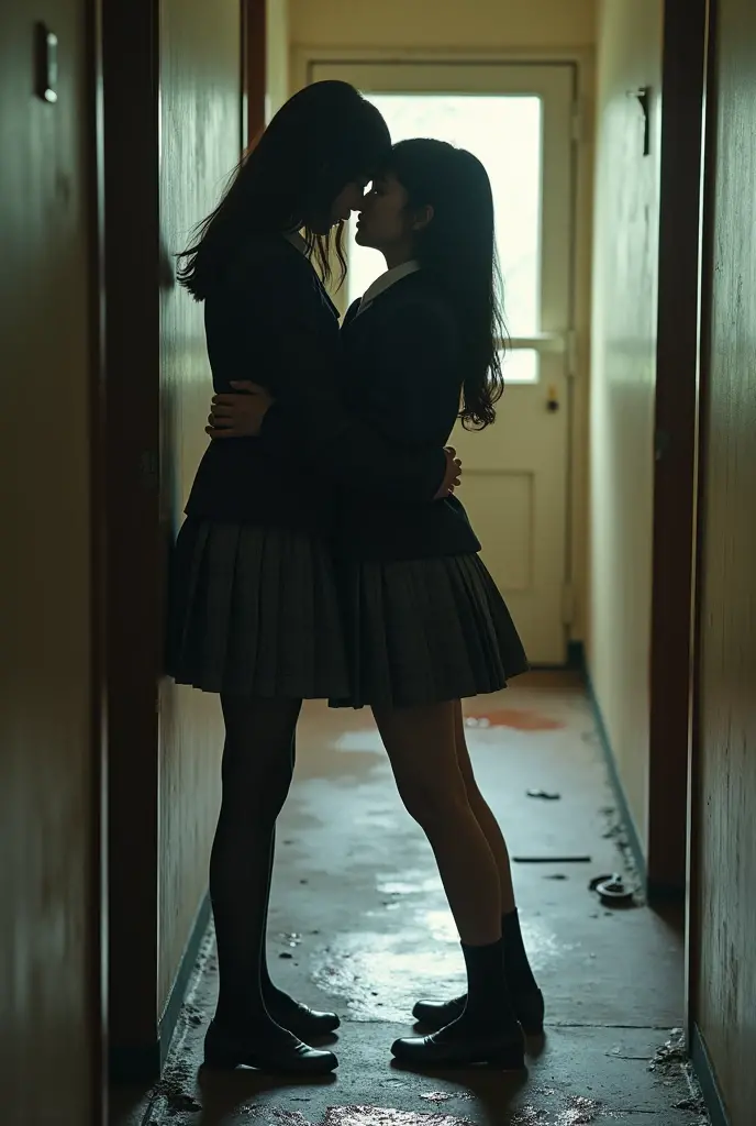 (realist, photo-realist:1.4), (Best Quality,masterpiece:1.2), raw photo, High resolution, intricate details, extremely detailed, sharp focus, cinematic lighting, (Whole body, Frontal photography:1.5), (couple, two girls, A tall girl and a short girl:1.6), 1 Japanese women standing, (couple hugging tightly each other and kissing roughly:1.5), (grabbing the arm of another, grabbing someone else's ass), leaning against the wall outside the classroom, smaller face, delgado, delgado, slender, delgado legs, (blazer, Skirt, bare legs, socks, moccasins, wearing a tokiwadai school uniform:1.4), dark hair, (detailed face, beautiful detailed eyes, sophisticated nose), Pale skin,
(urinate yourself, urinating a lot while holding her crotch, urination:1.8), (large puddle of urine, urine stain, Pee running down her legs),
photo background, inside, aisle,