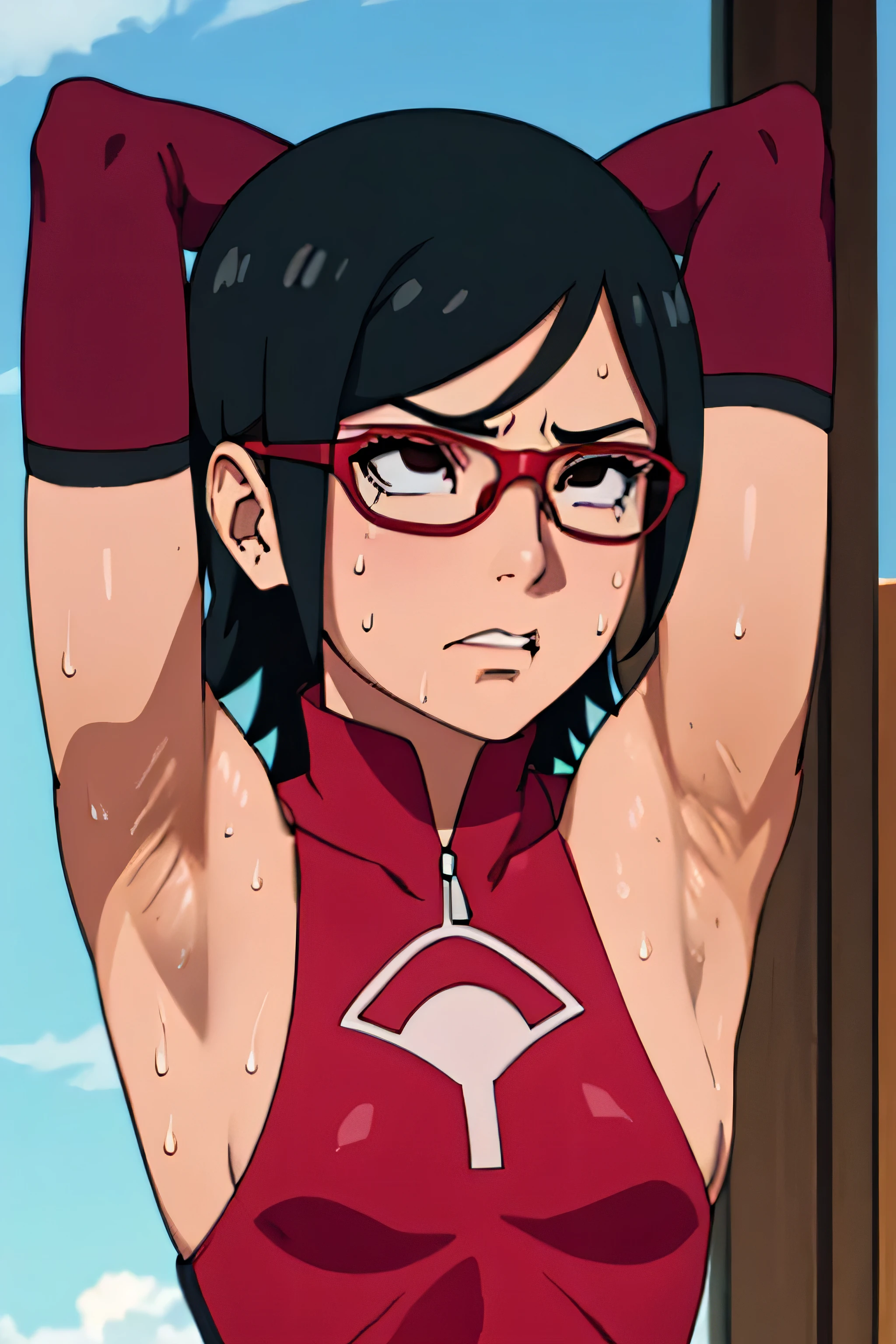 Sarada Uchiha,human woman with tanned skin. She is a 1 ager with black eyes and red clothing. Her hair is black in color; She is beautiful.Wearing red rimmed glasses.Tsundere face. Pink eye shading,mature appearance,armpits,sweat,sweaty,sweaty armpits,arms up,showing armpits,awesome armpits,outfit,blackish red arm warmers,maroon arm bands,maroon arm warmers