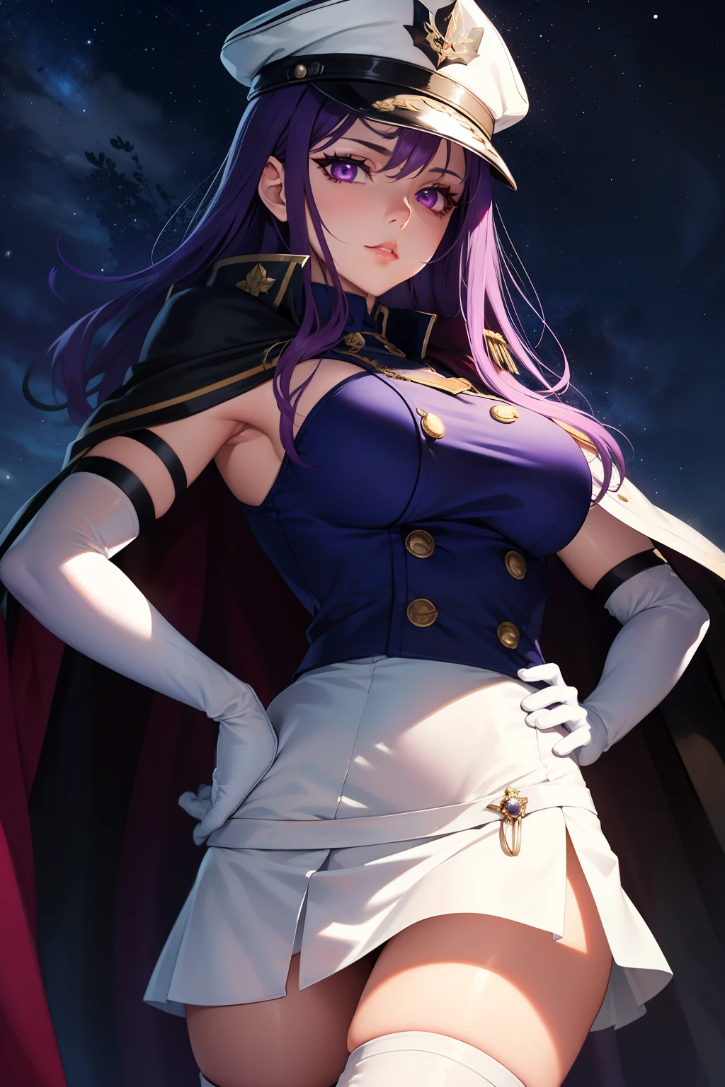 ivy fe, purple hair , long hair,purple eyes ,glossy lips, light makeup,cape ,military uniform,white military hat,sleeveless, white skirt,white thigh-high boots, white elbow gloves, sinister villianess look, hands on hips, night sky background