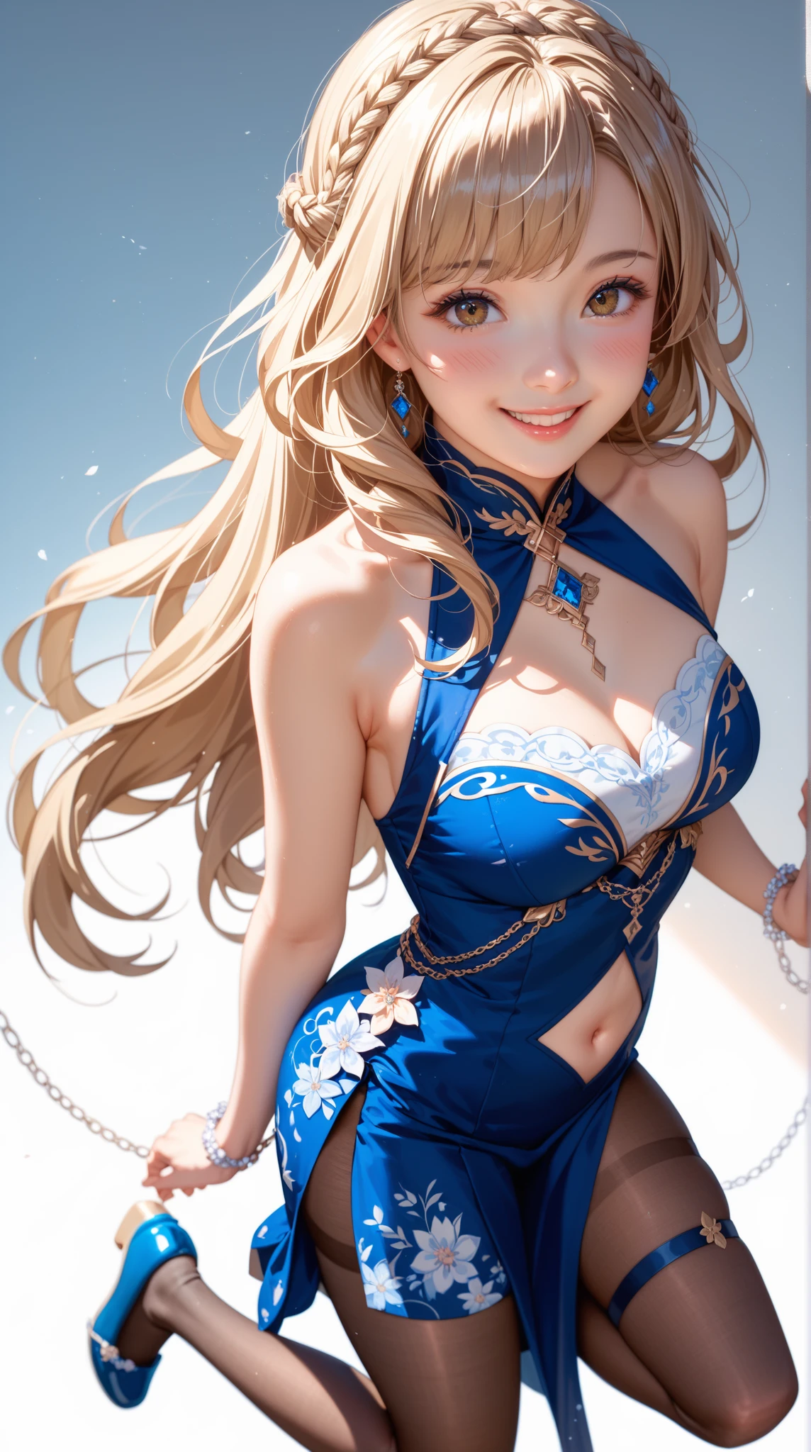 masterpiece, best quality, extremely detailed CG unity 8k wallpaper, (Upper Body head close-up shot of a beautiful  girl), , Elegant Long straight blonde hair, (Mckenna Grace), (flat chest,thighs), (Brown-blue) golden (Glittering tutu,long Bunny Ear Headgear, , Bow-tie, No panties, genitals visible), (spread legs), (Blush), oil skin, (seductive smile), (Wonderland), pretty face, key art, award winning, intricate detail realism hdr, by (ruan jia and artgerm and range murata), Photorealism, Hyperrealism, ultra realistic, dramatic light, intense shadows, gorgeous view, depth of field
 
