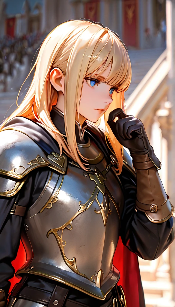 masterpiece,best quality,Extremely detailed,(1Female Knight holding a fire sword),Upper Body,Blonde Hair,(Straight Hair),View Viewer,(fire:1.3),(Full lips:0.1),Dark Souls,Castle Town,Elizabeth neckline