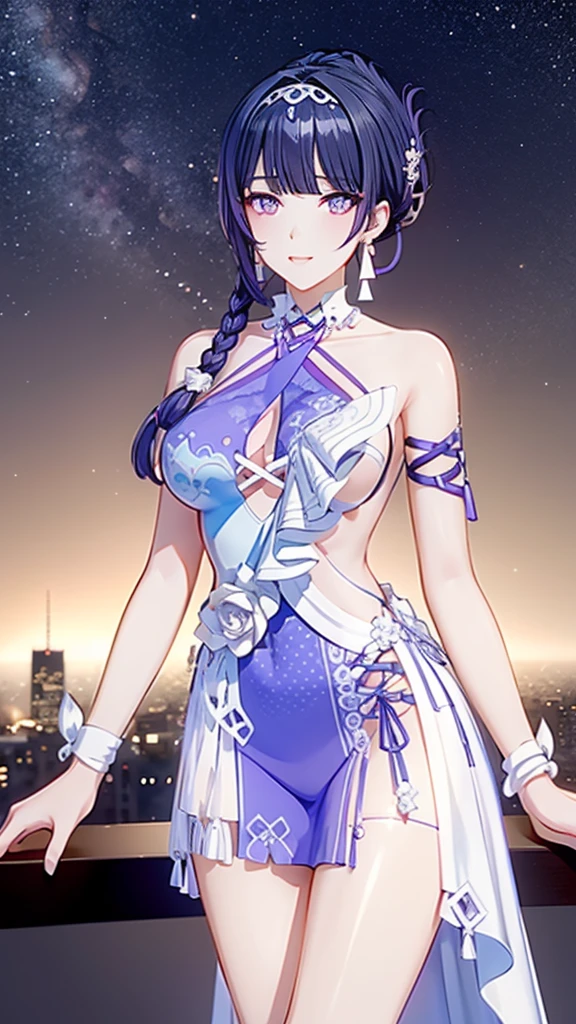 tmasterpiece,Best quality,extremely detaild CG unified 8k wallpapers, tmasterpiece, Best quality, CG, optics ,Raiden Mei (((Honkai Impact 3rd))),detail processing,((Purple pupil)),headgear, Purple long straight hair,((,MILF,A mature woman)),Huge breast,Intimacies,eventide,Clear face,face expressionless,bangle,((dancer/transparent sarong)), 