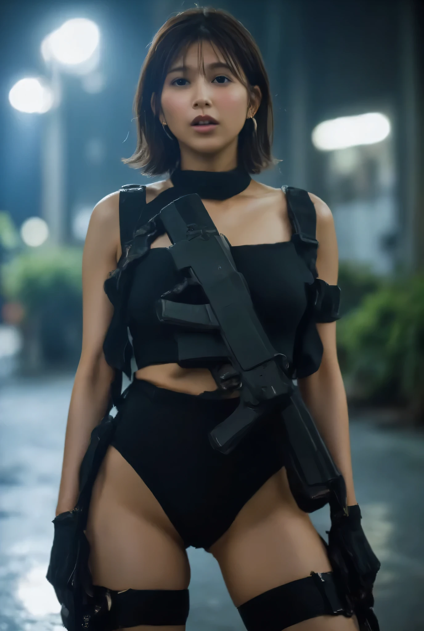 (((futuristic SWAT troop style black military vest:2.0))),((Perfect Naked:1.5)),(( Wearing a Military Vest on Naked :1.9)),((ear monitor:1.5)),(((Tactical Holster:1.5))),( gloves:1.5),( one woman), cute face,Beautiful well-balanced face ,( 20 year old Japanese woman), ( Glamorous Shots of Japanese Women ),( Slender Beautiful Body :1.5),( model body type),Slim body,(( big breasts:1.5)),( Accurate Depiction of Natural Nipples ),(firm nipples ),(((Bare thighs:1.8))),((Voluptuous thighs:1.5)),( delicate body:2.0),((Very sensual:1.5)),((Hold up a futuristic laser rifle:2.0)),(( perfect body line)),(( Ideal Proportions )),(((I can't wear panties:2.0))),(((( lower body nude:1.5)))), realistic skin texture,( natural big breasted :1.5),( black hair:1.5),( beautiful eyes:1.3),((whole body:2.0)),(( Shrimp:1.5)),A harmonious posture,((The dark background inside the base in the near future:2.0),(( cyberpunk vibe :1.5)),( blurry background:1.5),(((masterpiece:2.0))),( best quality :1.5),( high resolution:1.5),(UHD:1.5),( movie lights:1.5),( Delicate Depiction),((( Carefully Depict Limbs Based on Perfect Anatomy:2.0)),(  carefully drawn with butterfly wings ))),32K,  Polo, ULTRA DETAILS,((超 high resolution)), Draw eyelashes carefully, ( very detailed face:1.5),((Highly detailed female hand:1.8)),(Sexy appearance:1.5)