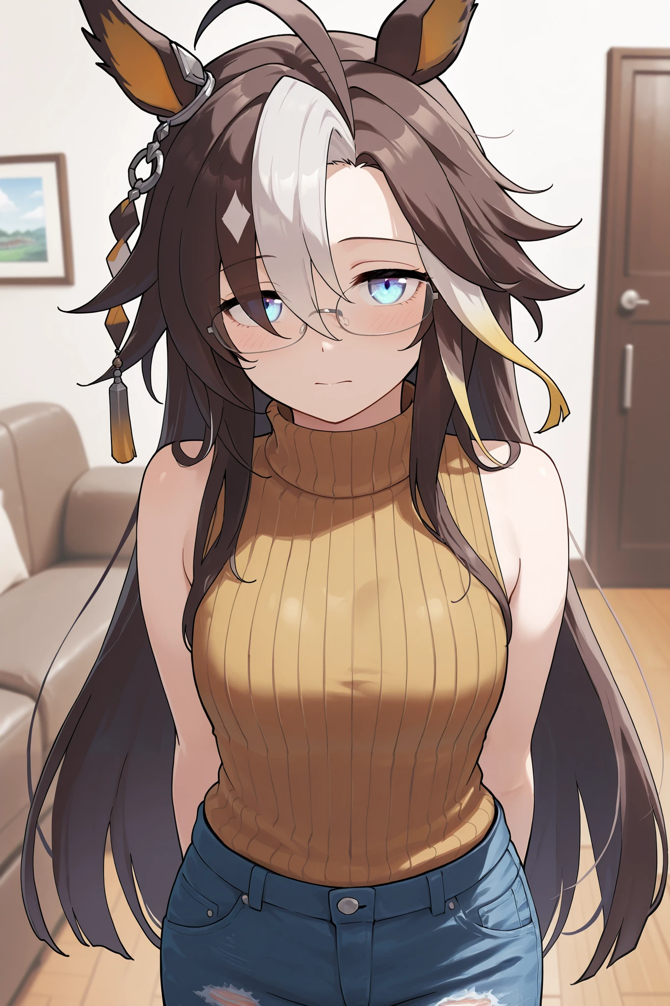 NSFW,masterpiece, best quality , high resolution, very detailed on trends,dreamjourney\( Uma Musume\),blue eyes,Glasses, turtleneck sweater, sleeveless, damage jeans , living room