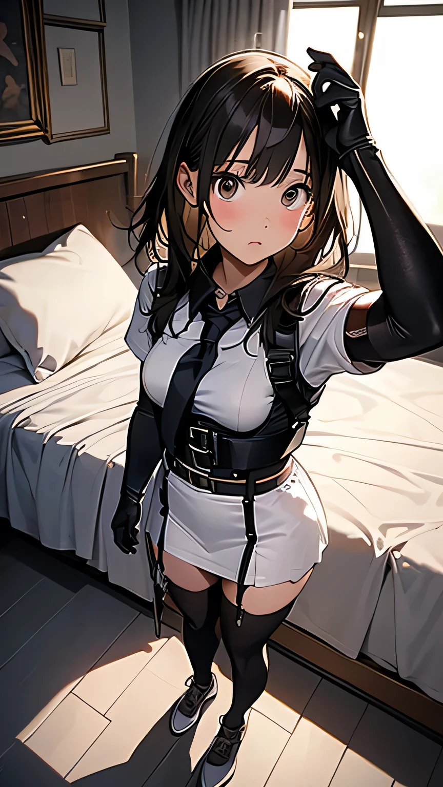 Brown hair、watching at viewers　　　black suspenders　　　Bulging big breasts　　 　 　　　walls: 　Black miniskirt　garters　　　　　　Gaze　　　Small face　bangss 　　　holster　　Belt Armament　Beautuful Women　srestrained　hands up　Lying in bed　Leg holster lying on the bed　　Gaze 　black boots panty shot