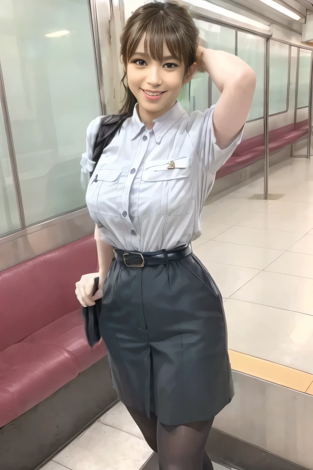 (Masterpiece:1.2,  best quality :1.2), 32kHDR,  high resolution, (Alone、 1 girl)、（Rooftop of a building during the day、 professional lighting）、Building rooftop background、（ Tokyo Subway Woman Crew Uniform Real Style Woman 6）、（TOKYO SUBWAY WOMAN CREW UNIFORM BLOUSE SHORT SLEEVE  、 above knee culotte skirt、Waist belt）、 black pantyhose holding a puppy、 dark brown hair 、（ hair gathered、 hair bang）、 dark brown hair 、Long Hit、 big breast、Thin legs、（（ amazing hands：2.0）），（（harmonious body proportions：1.5）），（（Normal limbs：2.0）），（（Usually refers to：2.0）），（（ Delicate Eyes：2.0）），（（Normal eyes：2.0））)、（Beautiful standing figure showing the Tokyo Subway Woman Crew Uniform） 、Hands crossed underneath 、Shy smile