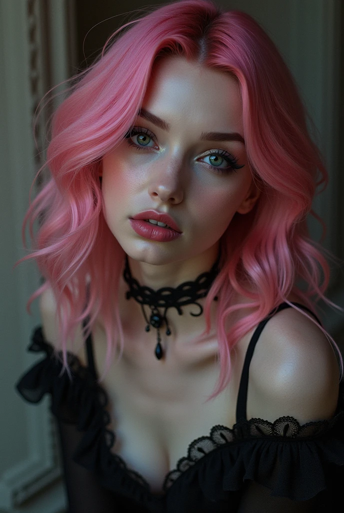 skini girl, nsfw , (((((pale skin)))))), blue eyes, white girl, deep pink hair, ultra realistic, 16 years old, large breast, (((huge breast))), ponytail hair, candle lights, naked, tumblr background