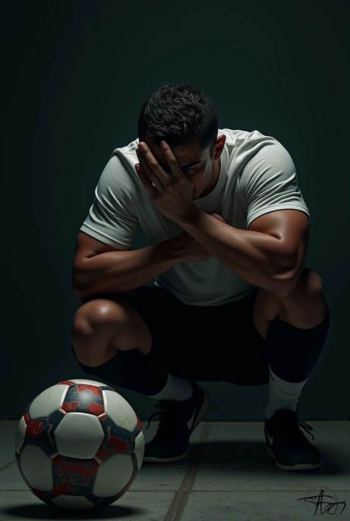 A young man with a lot of sweat, football player, inside a football stadium changing room with little light, dressed in football gear stained with mud from the field, black cleats knee-high socks stained with mud, sad with a towel on his head sitting, with your hands on your head, and his wife on the side comforting him.