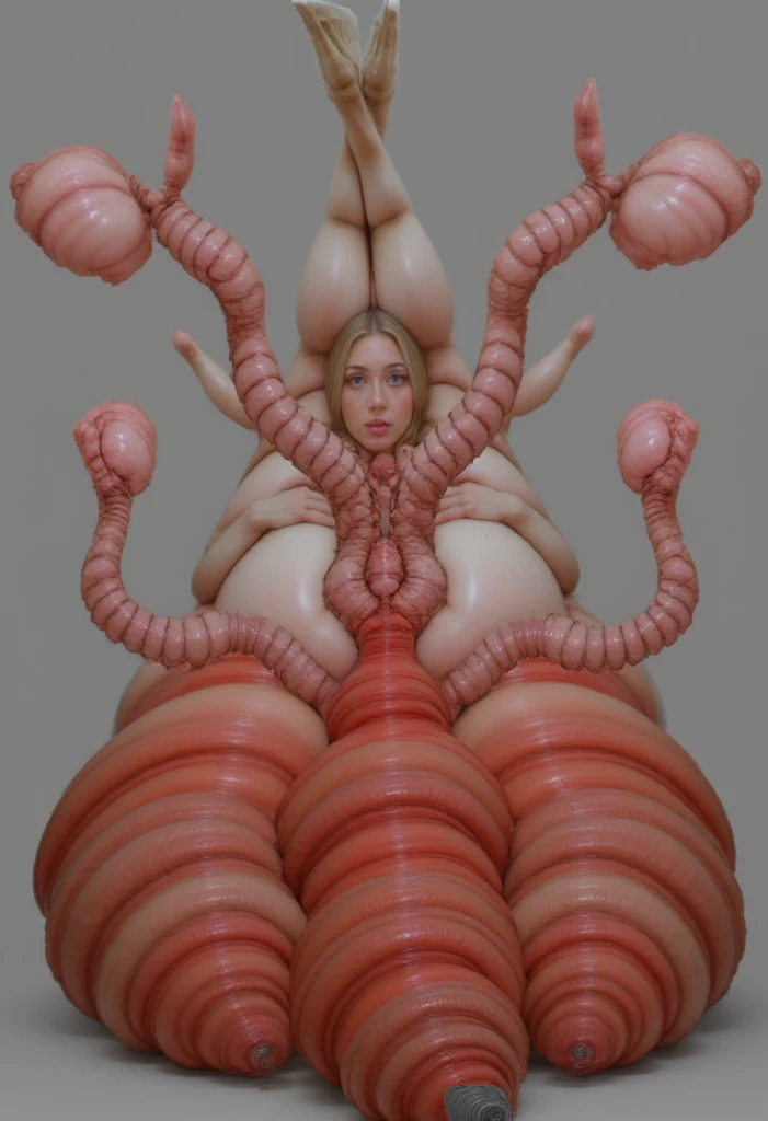 a woman wearing a satin octopus costume is lying inside the mouth of a huge pink octopus plushie with large eyes, the plushie conceals the top part of her body, and she is getting sucked into the plushie the plushie's mouth, as the tentacles wrap around her body