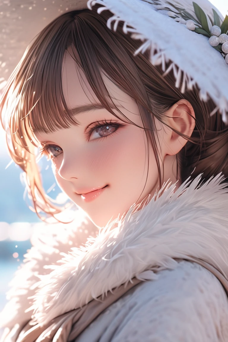 (masterpiece, best quality),1 girl, solo, black hair, scarf, hat, real, real, look at viewer, light colored black eyes, short hair, brown coat, winter clothes, white scarf, lips, bangs, outdoors, closed mouth, upper body, big eyes, eyelashes, (((really nothing background, really pure white background)), (short hair with bangs, big eyes, big breasts, staring at the viewer, beautiful beauty, Ears out, long neck, smile a little, close your mouth and smile))),