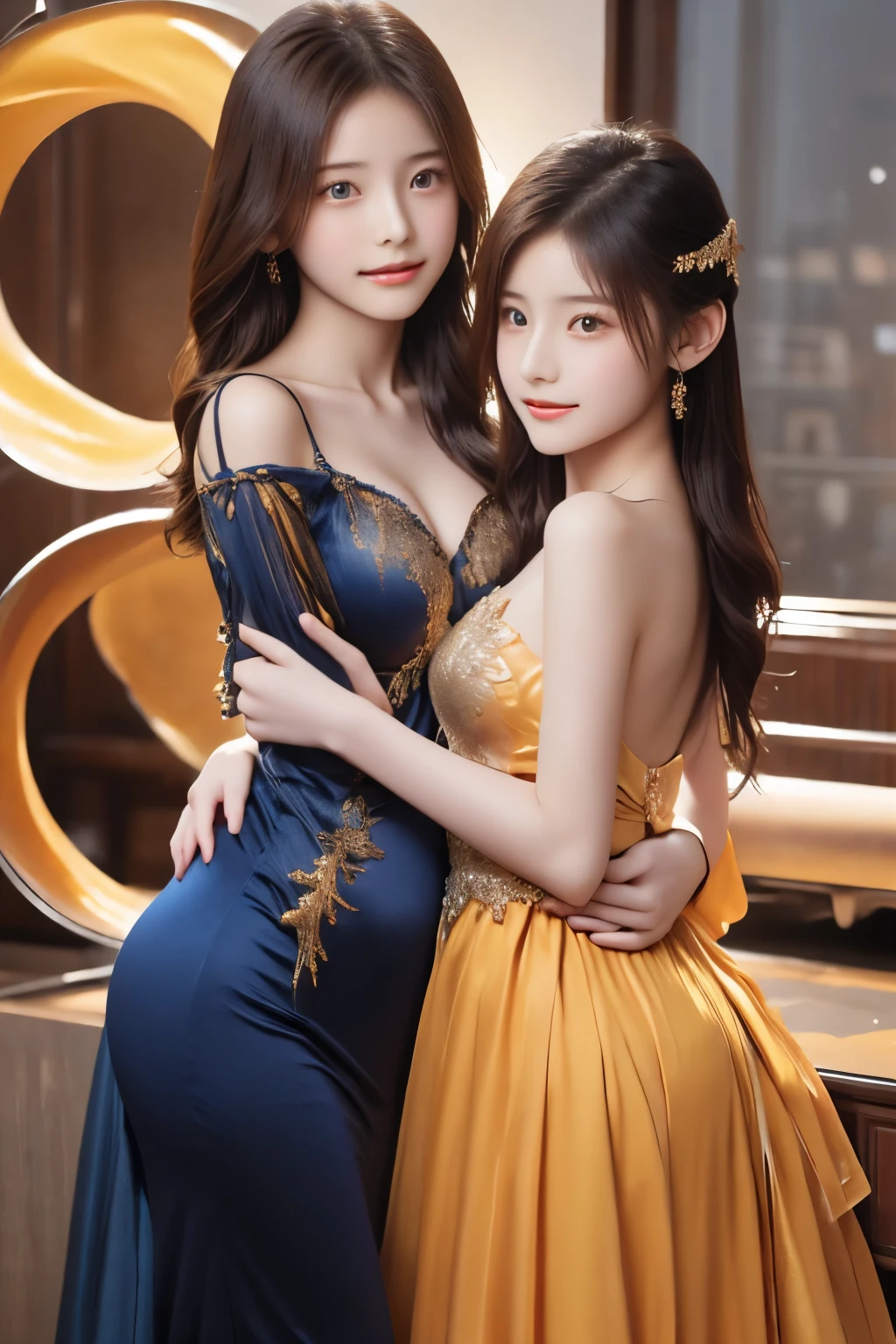 Beautiful woman with perfect body:1.4, slim abdomen:1.2, Longhair, large breast, Highly detailed facial and skin texture, A detailed eye, delicate eyes, double eyelid, (smile), (full body shot), a stunning chinese woman, 23 years old, wearing a radiant red, mermaid wedding Qipao with Floral embroidery, sits gracefully on a luxurious, velvet baroque bed with a rich blue and gold background, identical twin sister with an even more captivating hourglass figure sits and hugs her at the waist, creating a mesmerizing symmetry, their cute faces, innocent smile and exposed long legs surrounded by an aura of love and fertility, nearby table adorned with ornate candelabras and a delicate, antique vase hints at a wedding consummation of the twins' marriage to the king, scene framed by a stunning gold-framed chinese painting and opulent interior decorations, exuding luxury, elegance, and a hint of love making, (best quality,8k,highres,masterpiece:1.2),ultra-detailed,(realistic,photorealistic,photo-realistic:1.37),portraits,cinematic lighting,dramatic lighting,warm colors,ornate,intricate details,luxurious,elegant