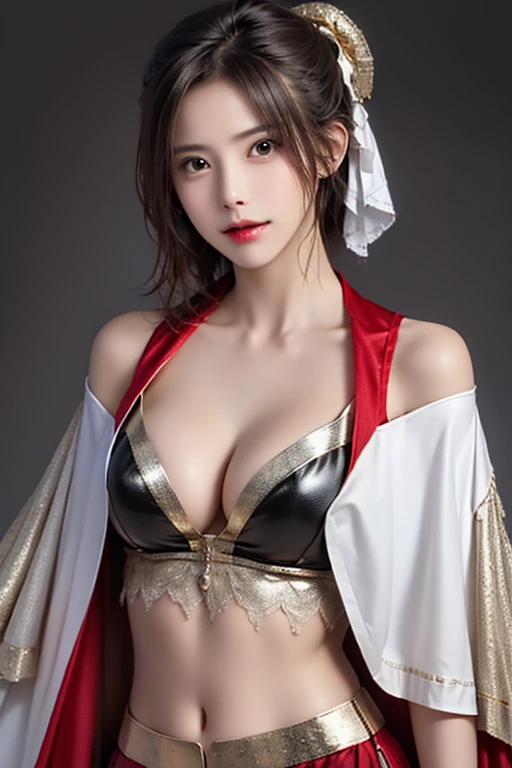 outfit-glorious, 1girl, breasts, solo, brown hair, short hair, hat, white background, looking at viewer, yellow eyes, simple background, large breasts, blush, wide sleeves, bangs,  peaked cap, blue headwear, hair between eyes, cowboy shot, smile, ass visible through thighs, open clothes, off shoulder, closed mouth, braid, navel, groin, long sleeves, thighs, standing, thigh gap,  <lora:OutfitGlorious:1>,  no panties,