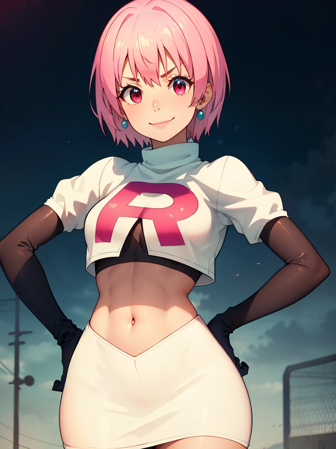 Hortensia, Hortensia \(Fire Emblem\), pink hair ,glossy lips, earrings ,team rocket, team rocket uniform, red letter R, white skirt, white crop top, black thigh-highs, black elbow gloves, evil smile, looking down on viewer, sitting down ,legs crossed, night sky background