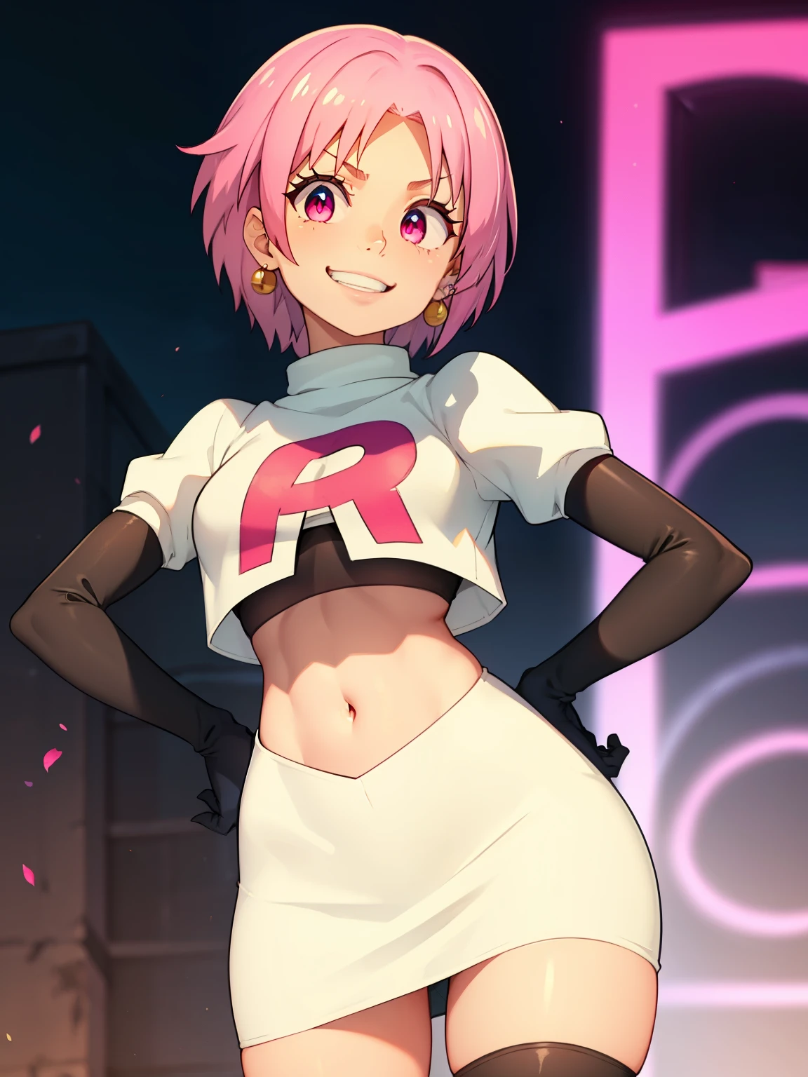 1 femboy, green eyes, very Short hair, pink choker, lipstick, Shy, pink hair , tomboy Pixie haircut, femboy hooters, cowboy shot, flat chest, ponytail, arms up