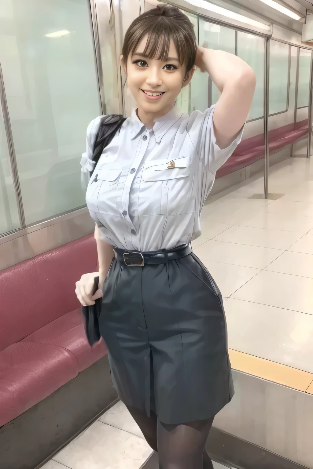 (Masterpiece:1.2,  best quality :1.2), 32kHDR,  high resolution, (Alone、 1 girl)、（Rooftop of a building during the day、 professional lighting）、Building rooftop background、（ Tokyo Subway Woman Crew Uniform Real Style Woman 6）、（TOKYO SUBWAY WOMAN CREW UNIFORM BLOUSE SHORT SLEEVE  、 above knee culotte skirt、Waist belt）、 black pantyhose holding a puppy、 dark brown hair 、（ hair gathered、 hair bang）、 dark brown hair 、Long Hit、 big breast、Thin legs、（（ amazing hands：2.0）），（（harmonious body proportions：1.5）），（（Normal limbs：2.0）），（（Usually refers to：2.0）），（（ Delicate Eyes：2.0）），（（Normal eyes：2.0））)、（Beautiful standing figure showing the Tokyo Subway Woman Crew Uniform） 、Hands crossed underneath 、Shy smile