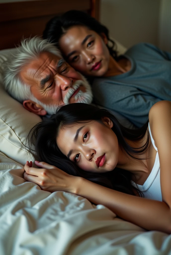 A close up of a woman laying on a bed next to an older man, a picture ...